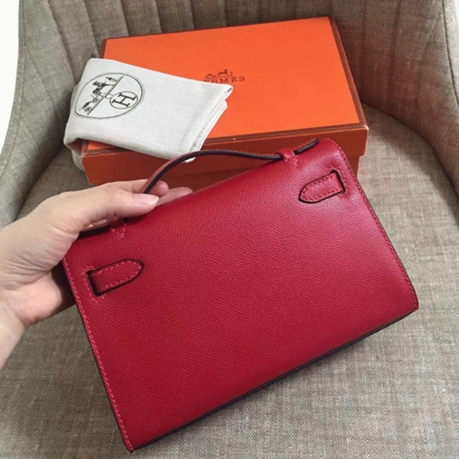 Rouge Vif Epsom Fake H**me5 Kelly Pochette Red Bold Clutch