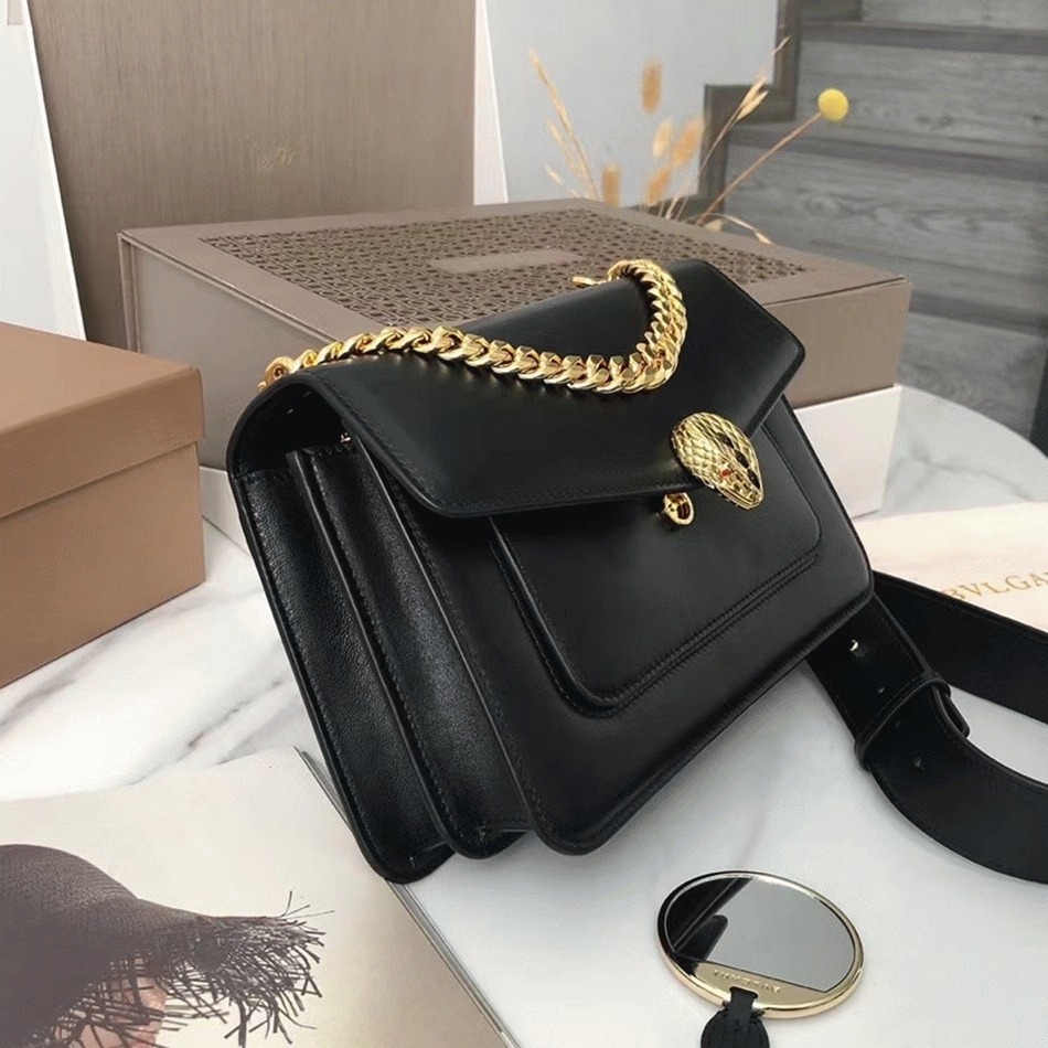 Fake Bv1g*ai Serpenti Forever Medium Crossbody Bag with Chain Black