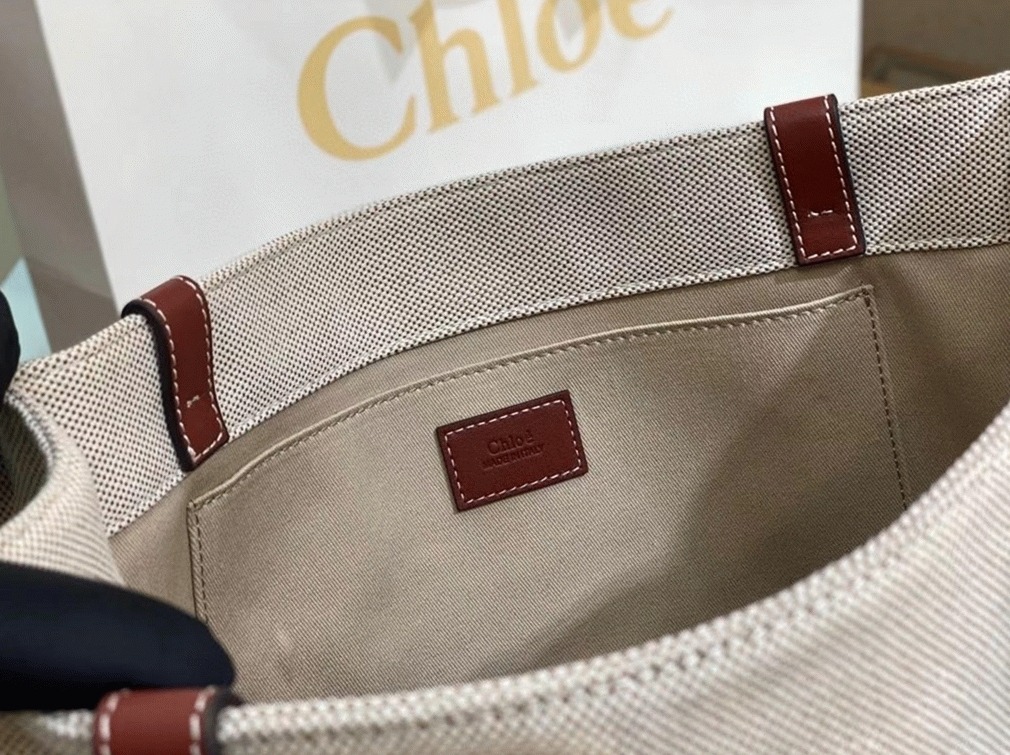 Top Quality Faux Chloe Medium Woody Tote Bag in Canvas with Brown Leather Strips