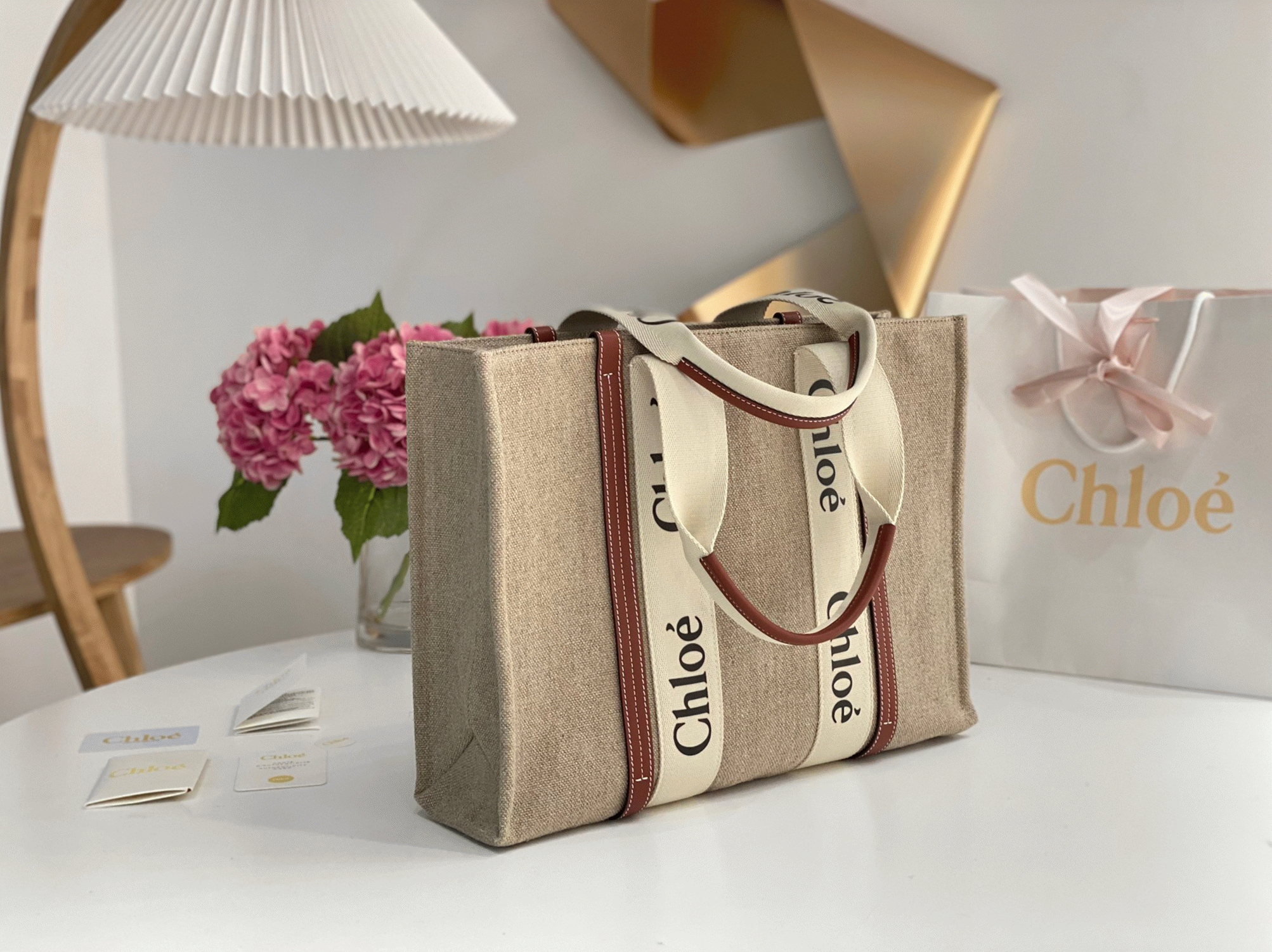 Top Quality Fake Chloe Medium Woody Tote Bag in Canvas with Tan Leather Strips