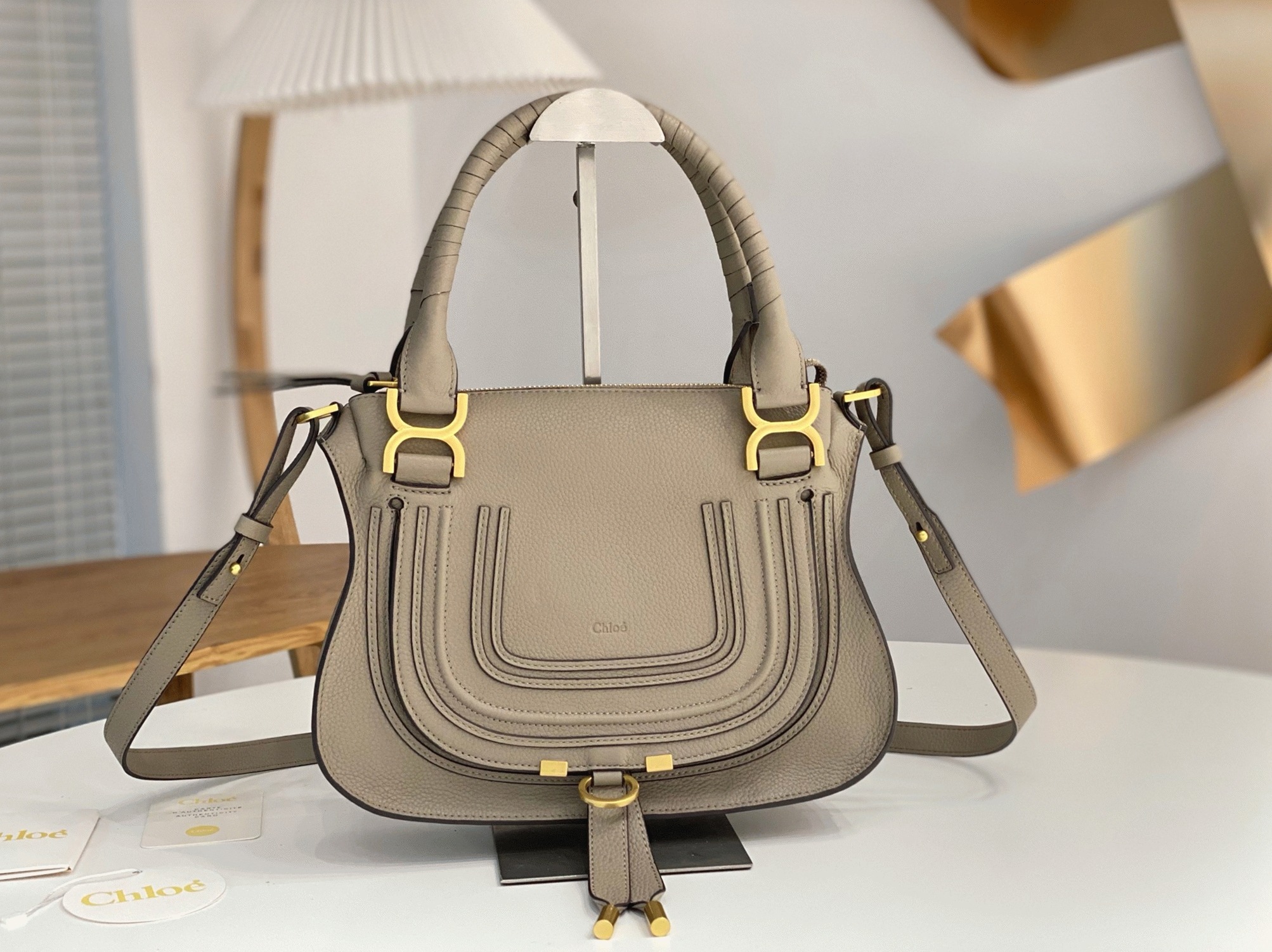 Top Quality Faux Chloe Marcie Small Double Carry Bag in Sand Grained Leather