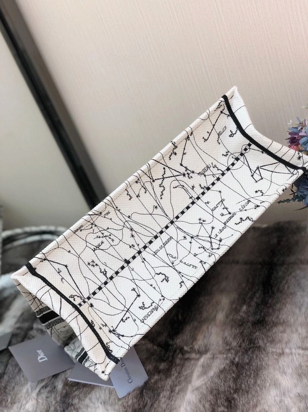 D10r Large Book Tote Bag Replica in Latte Zodiac Embroidery