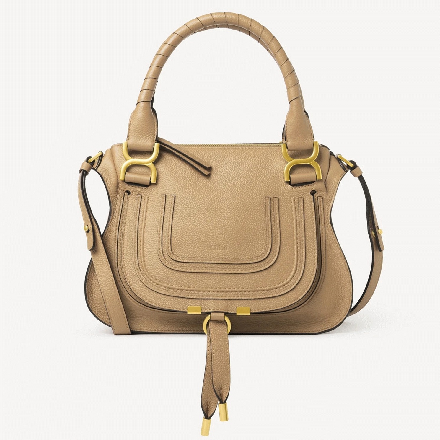 Top Quality Fake Chloe Marcie Small Double Carry Bag in Beige Grained Leather