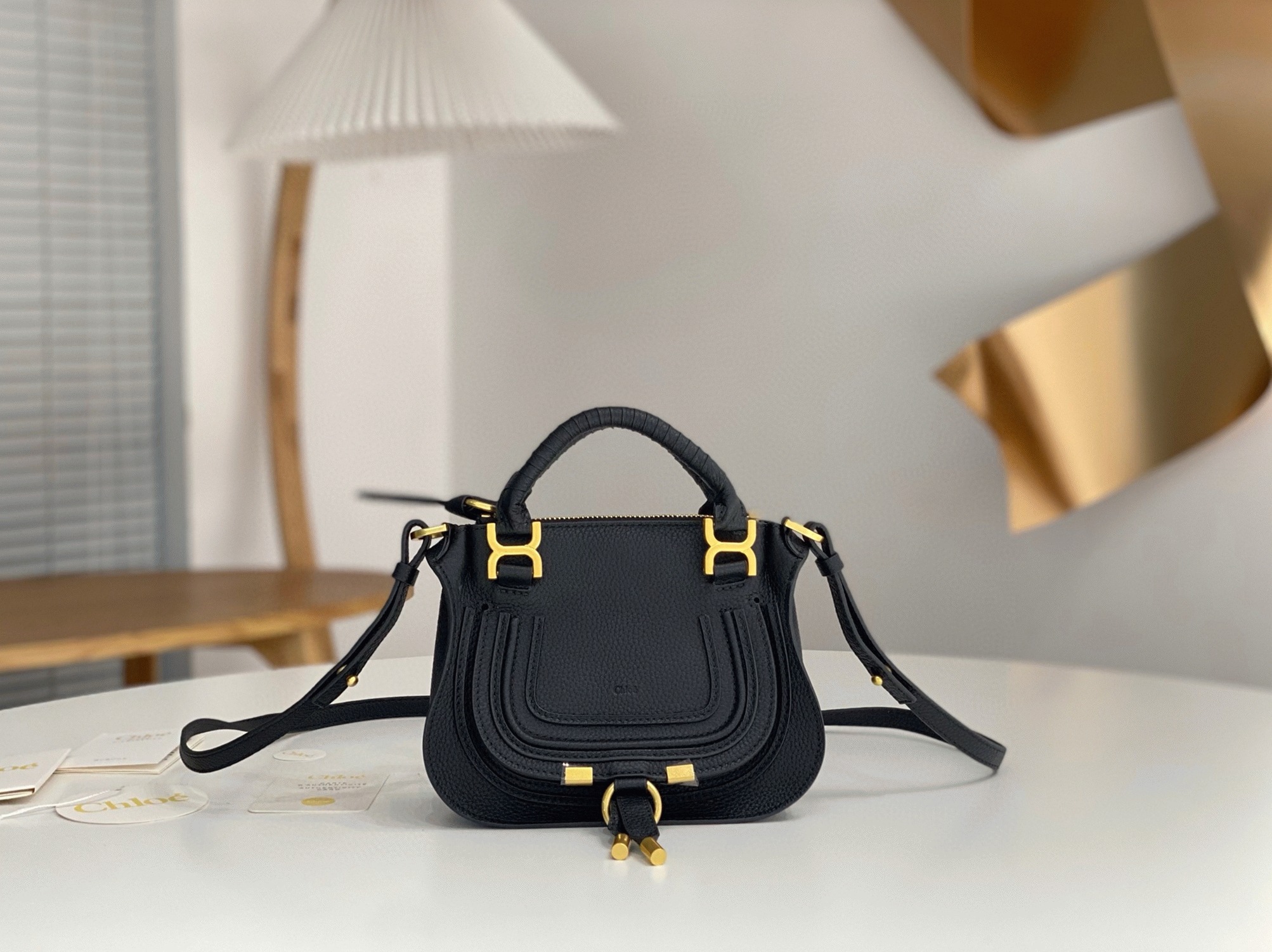 Top Quality Knockoff Chloe Marcie Mini Double Carry Bag in Black Grained Leather