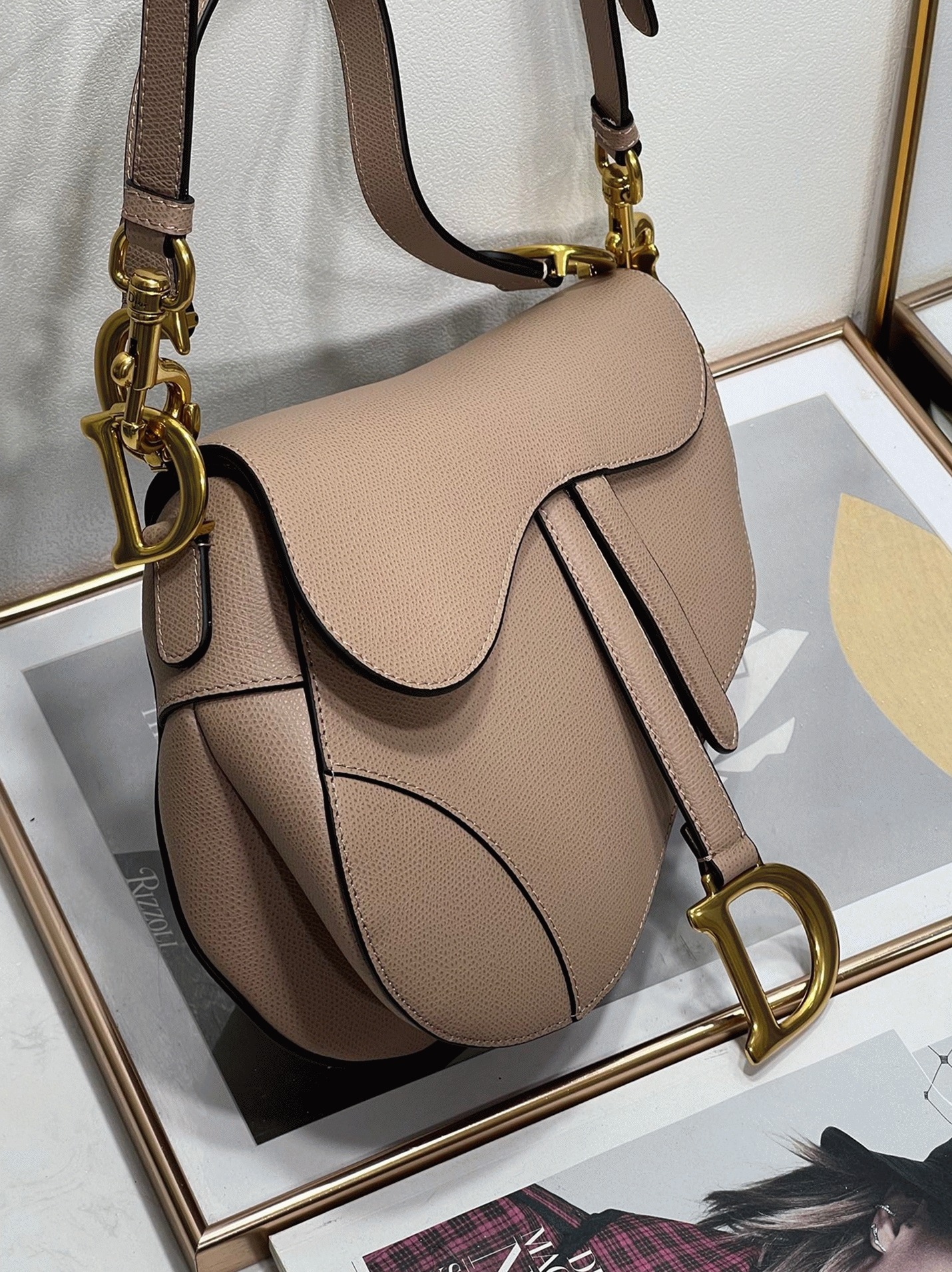 D10r Saddle Bag with Strap Faux in Warm Taupe Grained Calfskin