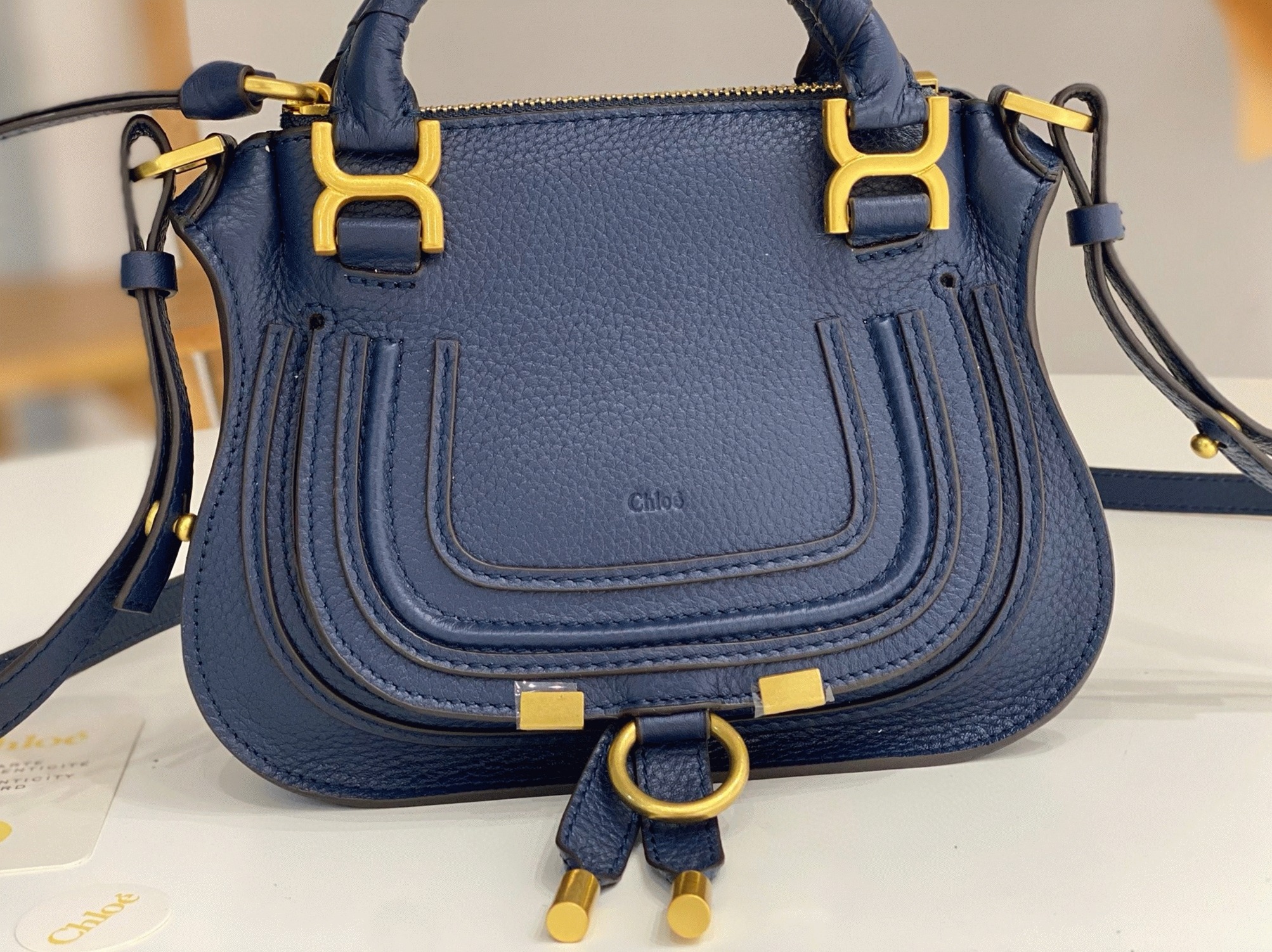 Top Quality Fake Chloe Marcie Mini Double Carry Bag in Blue Grained Leather