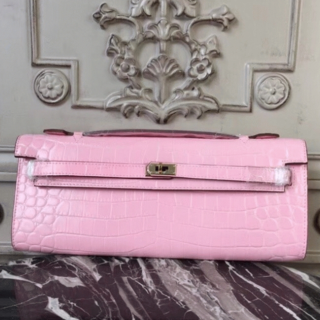 Pink Crocodile Replica H**me5 Kelly Cut Clutch Feminine Tote