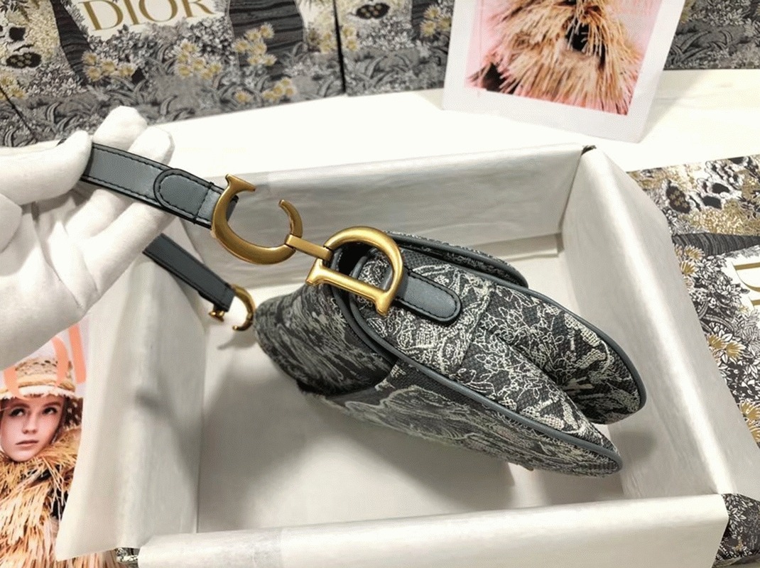D10r Saddle Bag Faux in Grey Toile de Jouy Reverse Jacquard