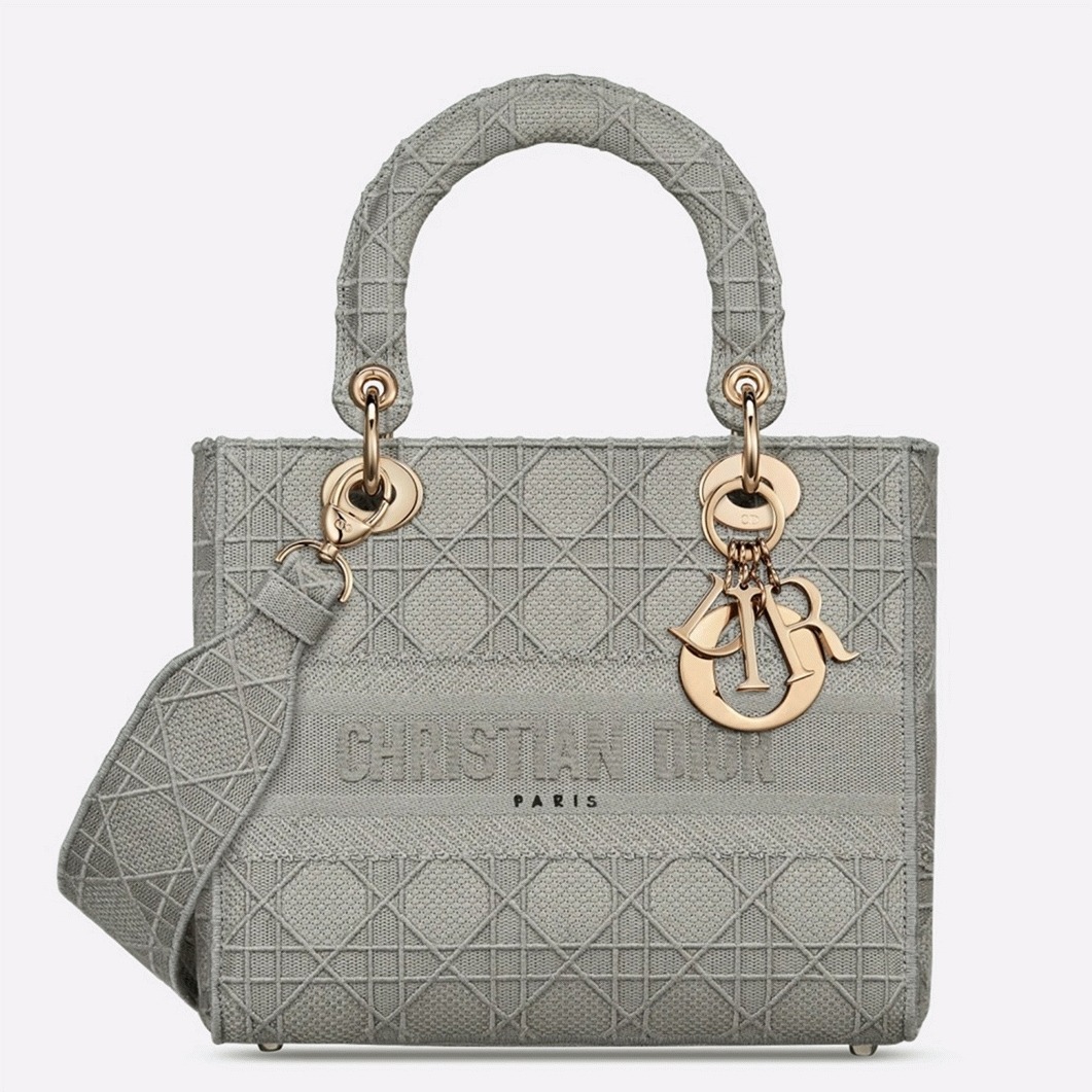 D10r Lady D-Lite Medium Bag Faux in Grey Cannage Embroidered Canvas