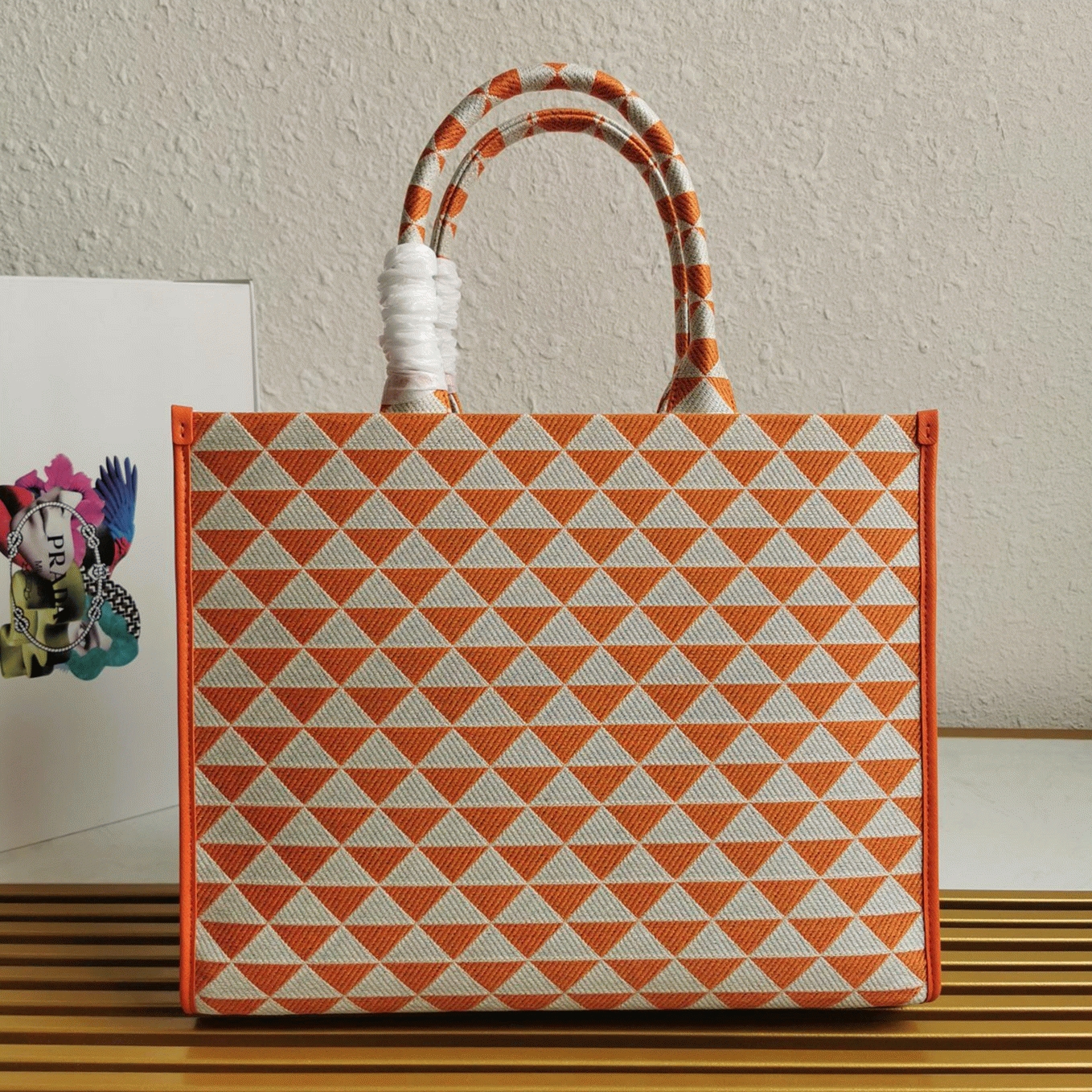 Pra*a Symbole Large Bag Imitation in Orange/White Jacquard Fabric