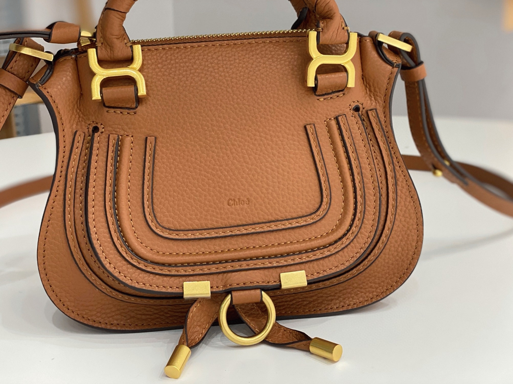 Top Quality Replica Chloe Marcie Mini Double Carry Bag in Brown Grained Leather