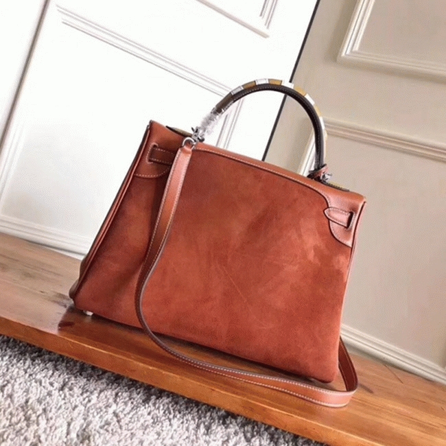 Brown Suede Fake H**me5 Kelly 32cm Bag with Zigzag Handle