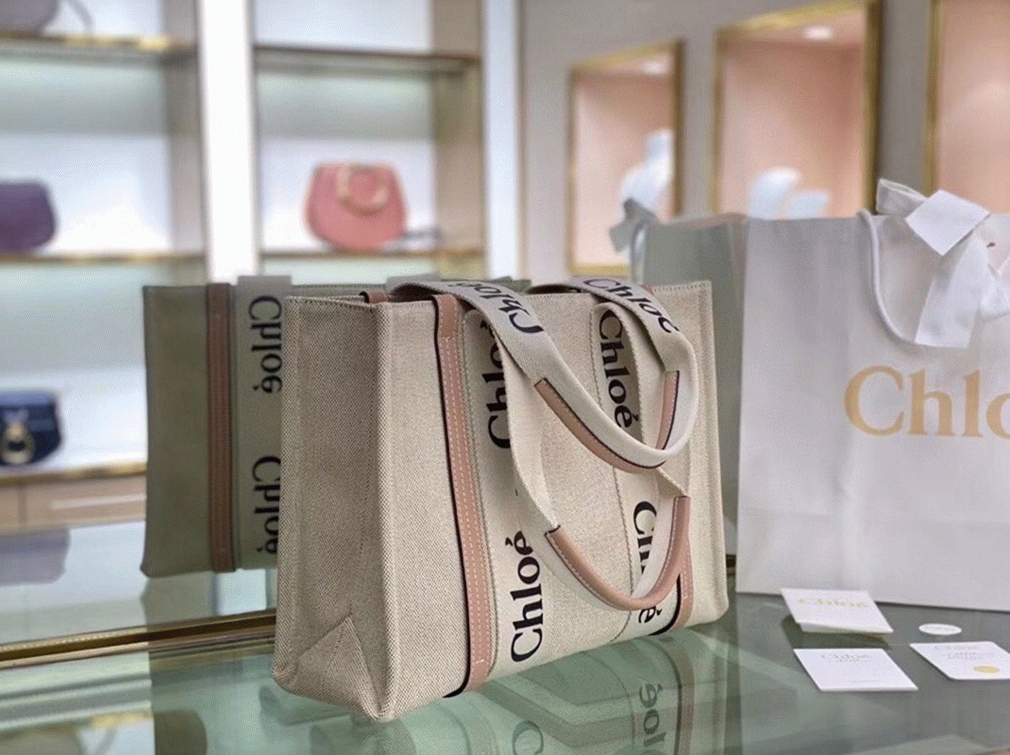 Top Quality Replica Chloe Medium Woody Tote Bag in Canvas with Beige Leather Strips