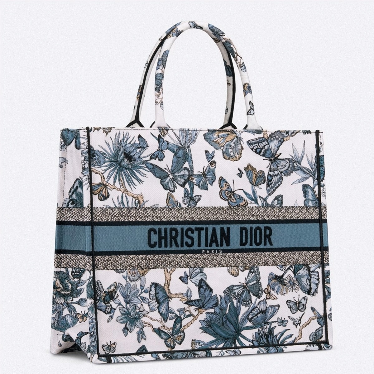 D10r Large Book Tote Bag Replica in White and Blue Toile de Jouy Mexico Embroidery