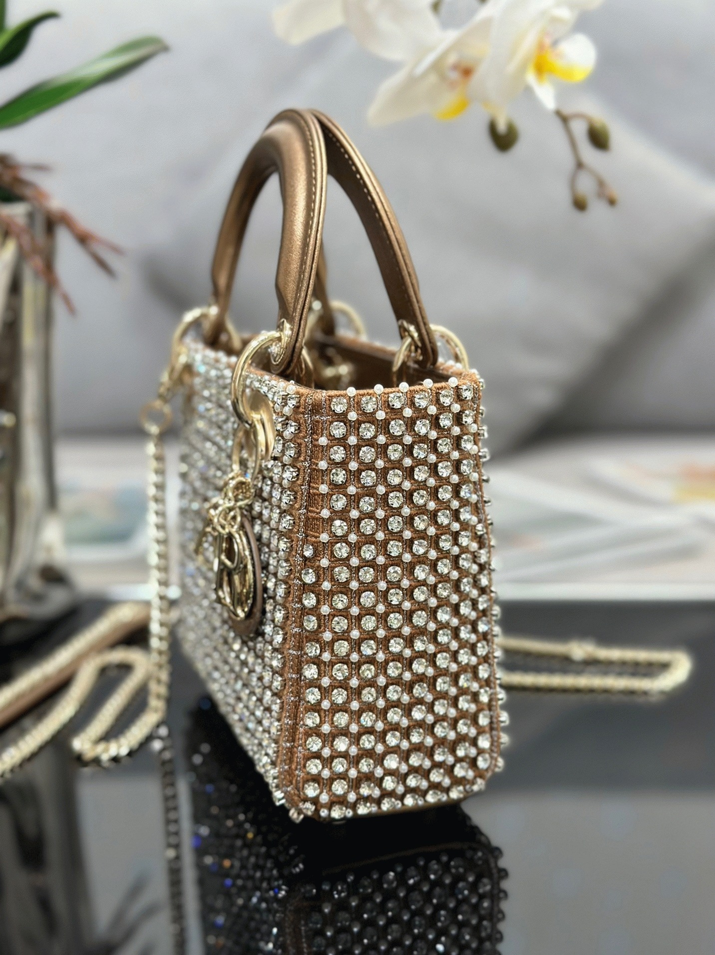 D10r Lady D10r Mini Chain Bag Replica in Square with Strass and Beads