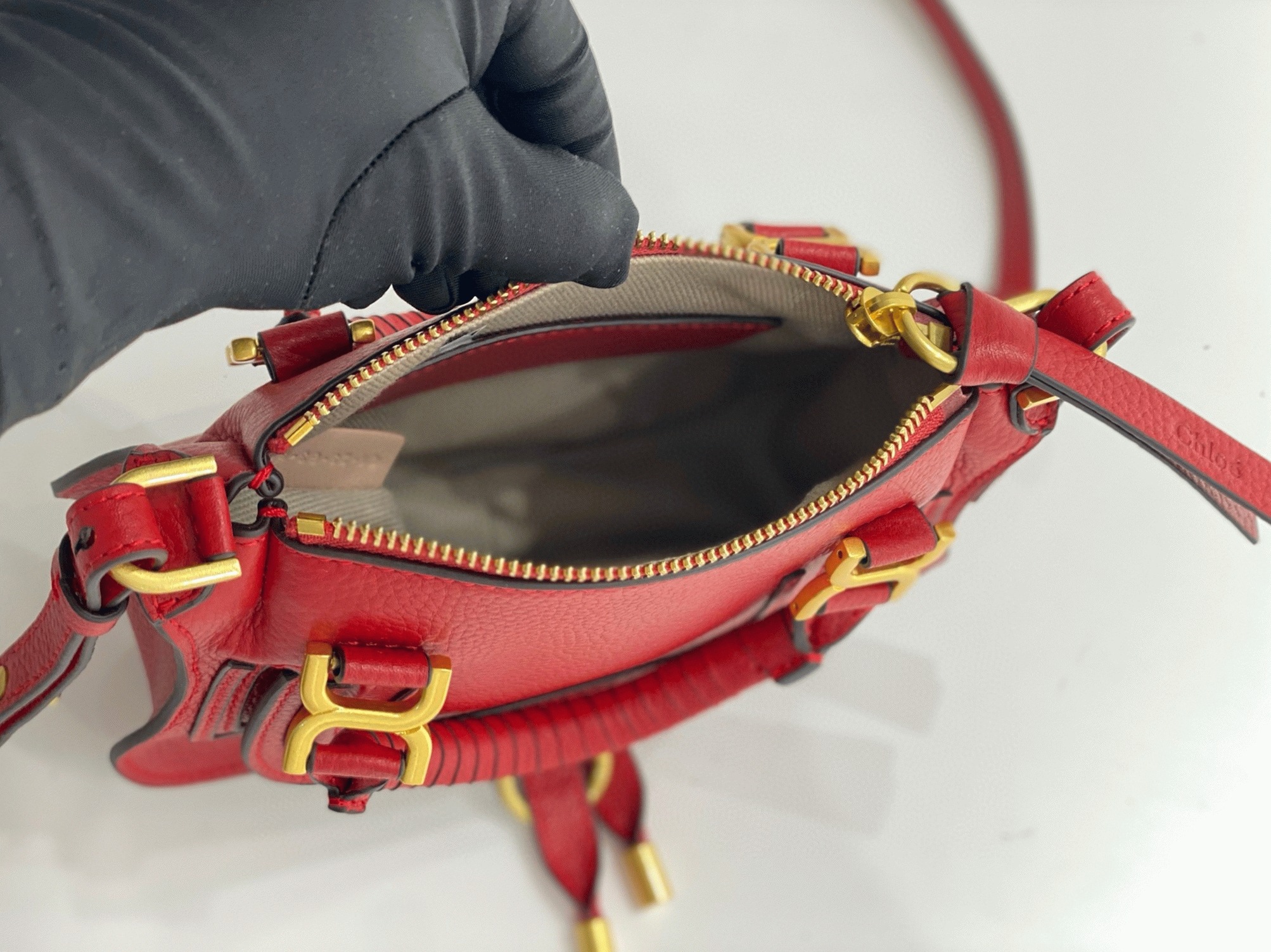 Red Grained Leather Chloe Marcie Mini Double Handle Fake Bag