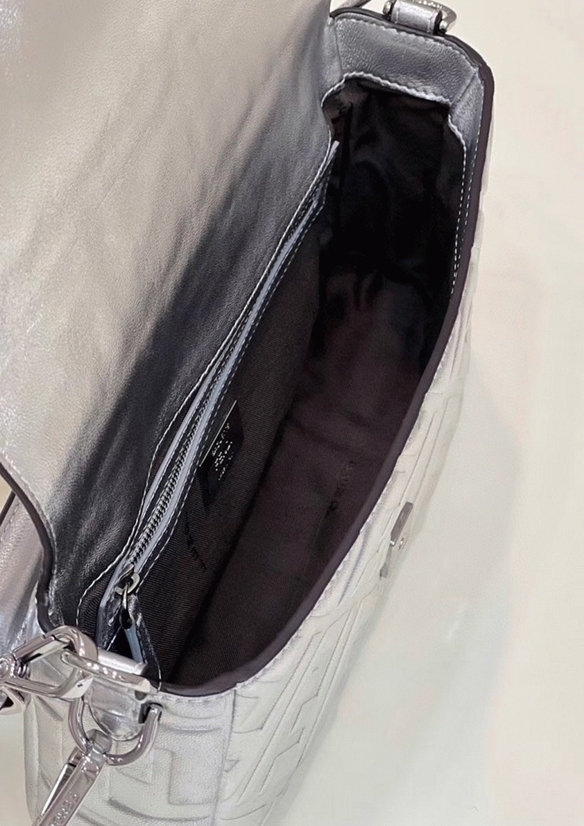 Top Quality Fake F**di Large Baguette Bag In Silver FF Metallic Leather