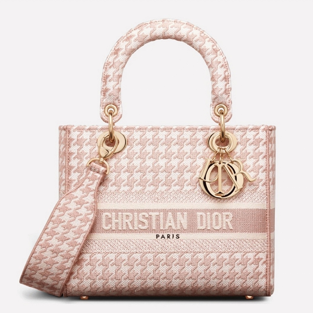 D10r Lady D-Lite Medium Bag Knockoff in Pink   White Houndstooth Embroidery