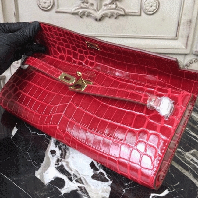 Red Crocodile Copy H**me5 Kelly Cut Clutch Exotic Luxury Bag