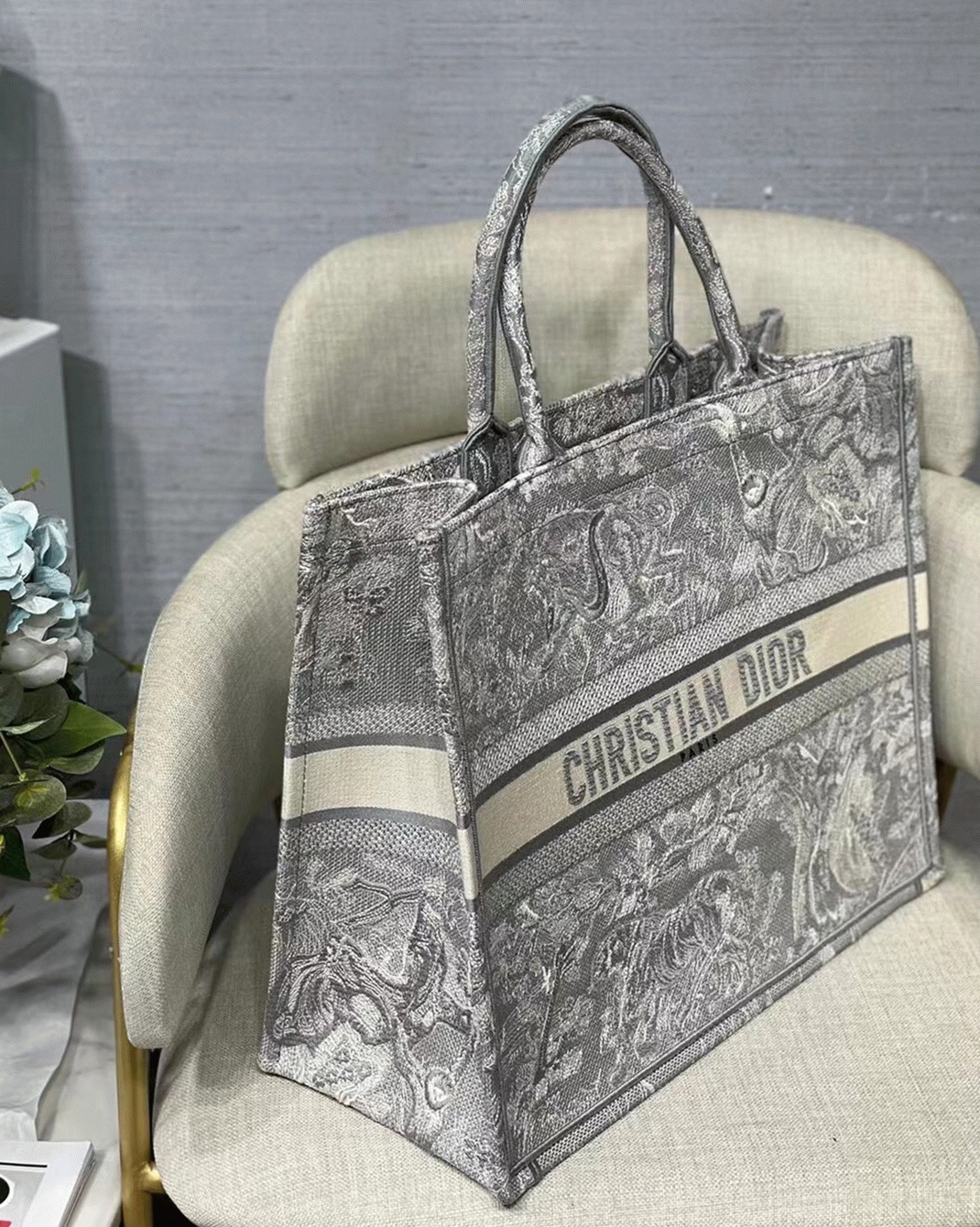 D10r Large Book Tote Bag Knockoff in Gray Toile de Jouy Reverse Embroidery