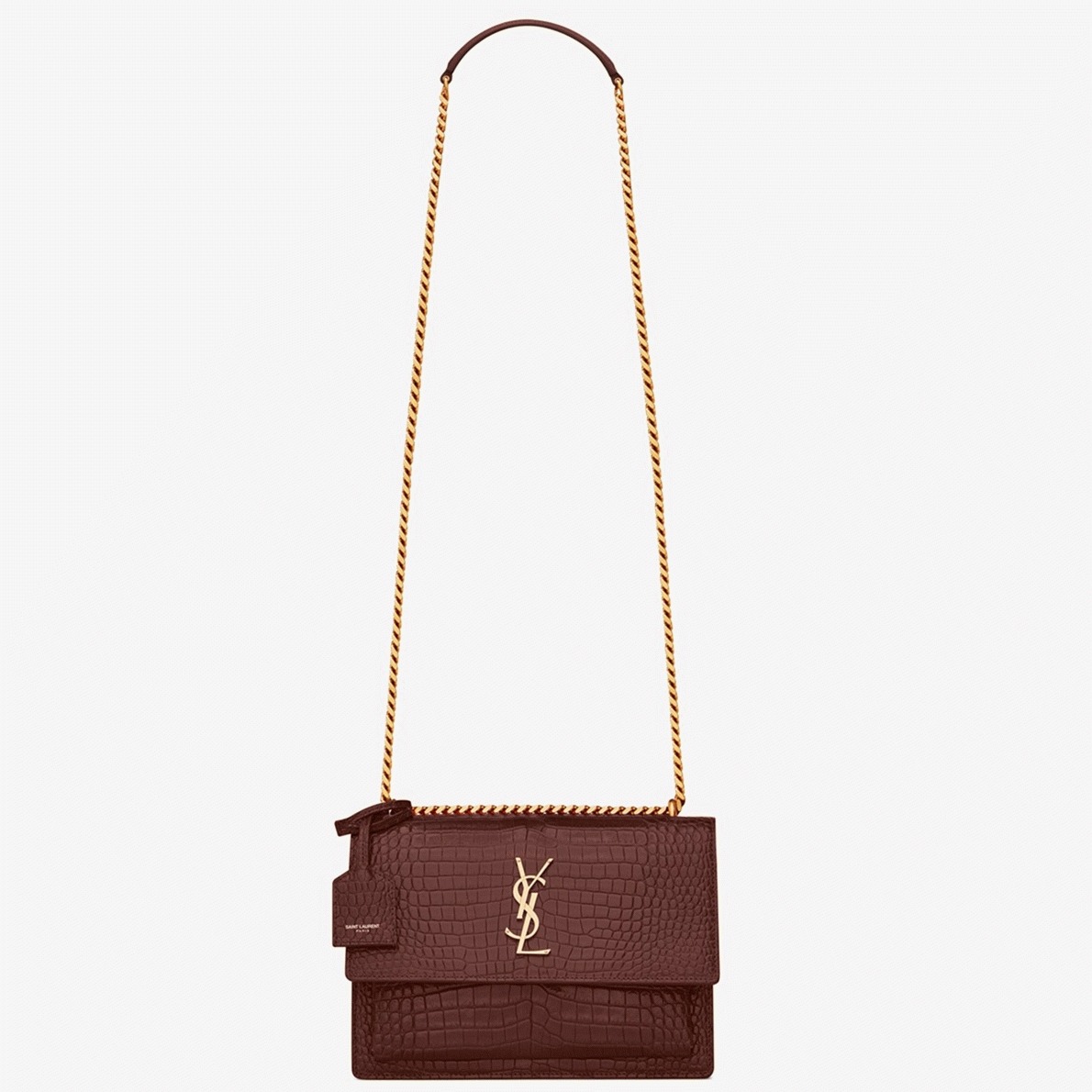 Fake Sa1nt Lau*nt Sunset Medium Chain Bag Bordeaux Crocodile-embossed Leather