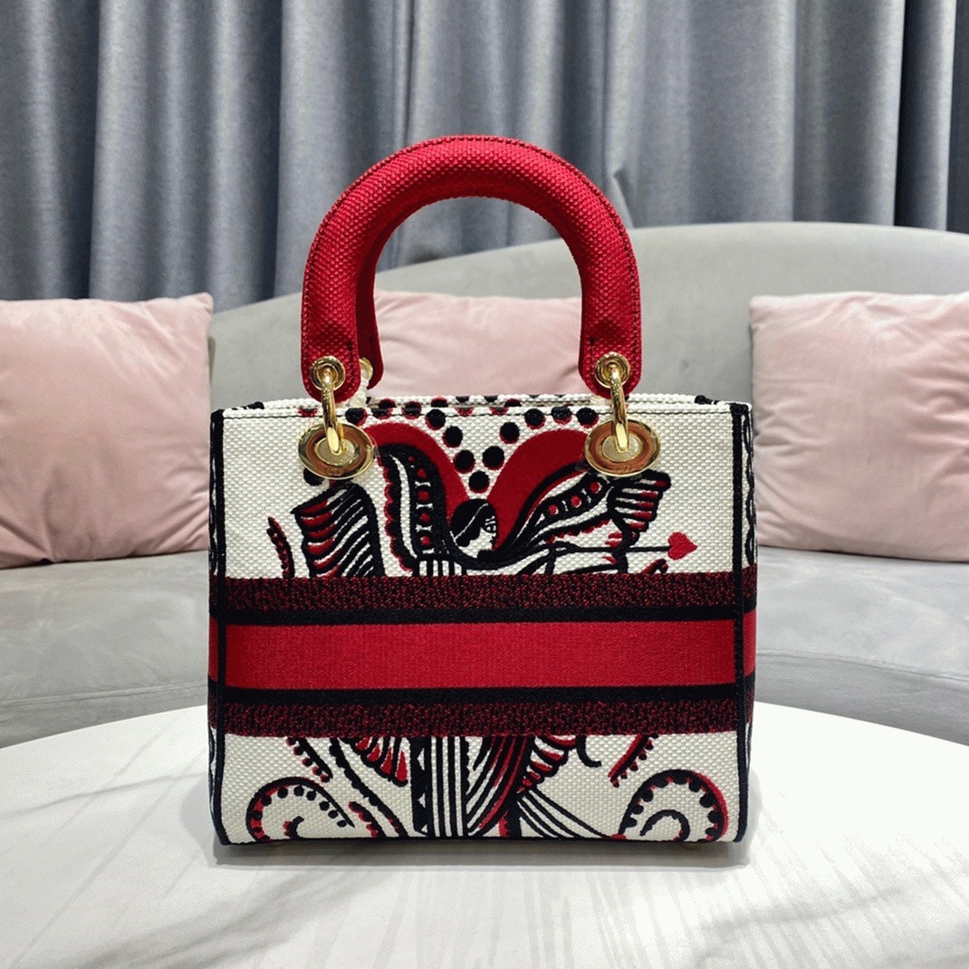 D10r Lady D-Lite Medium Bag Replica in White Multicolor Cupidon Embroidery