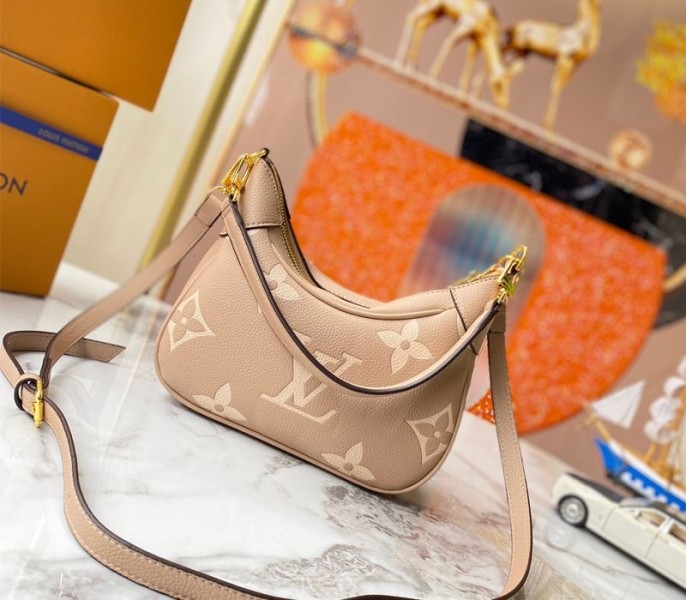 L0vis Vvtt0n Bicolor Monogram Empreinte Leather Bagatelle Mini Hobo In Tourterelle Gray