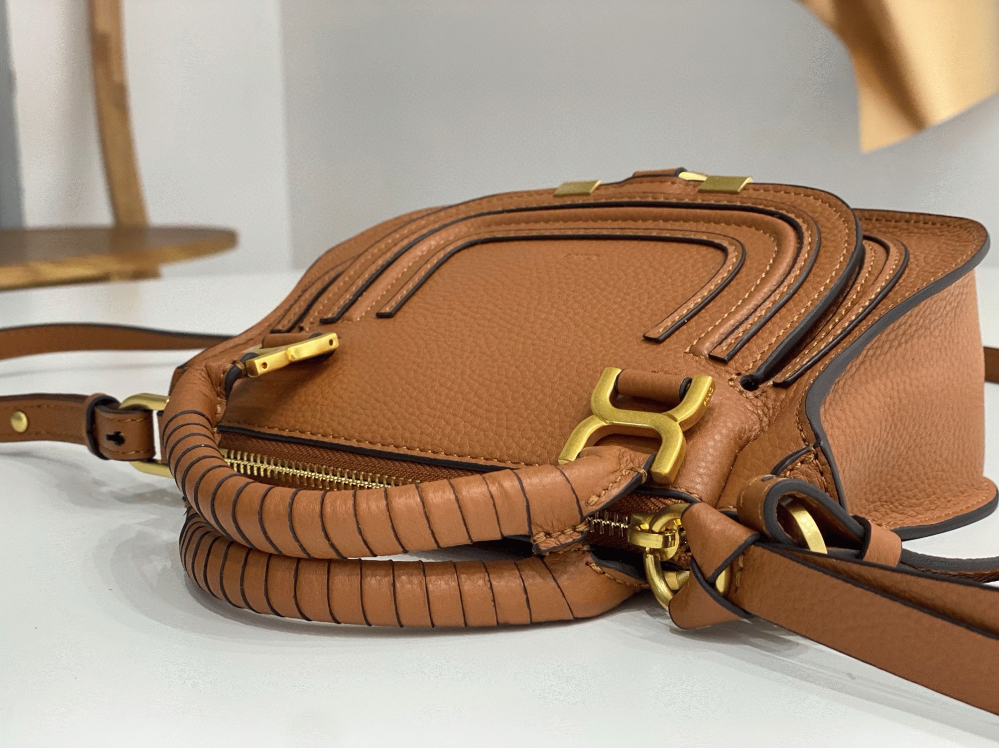 Top Quality Replica Chloe Marcie Mini Double Carry Bag in Brown Grained Leather
