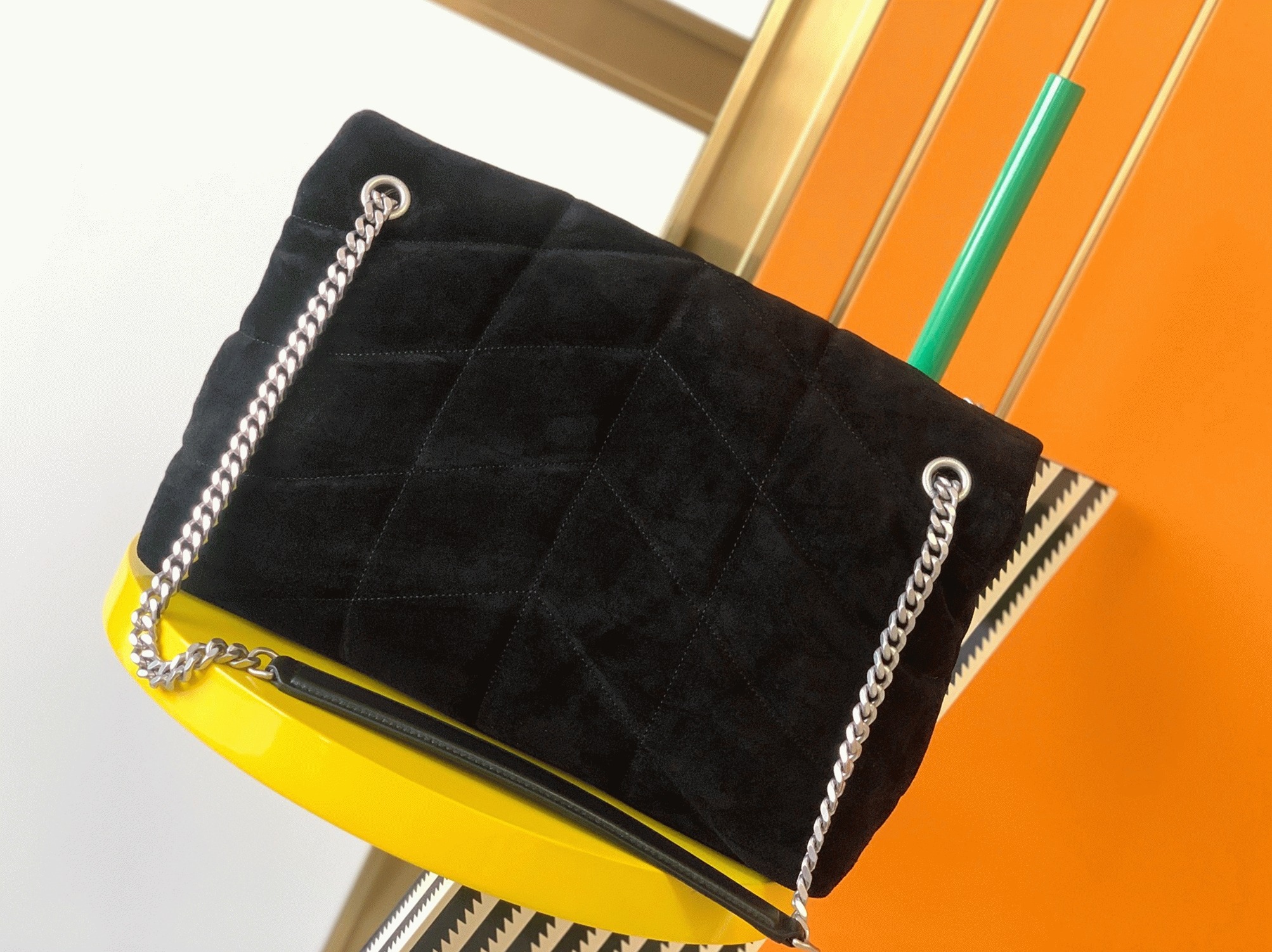 Sa1nt Lau*nt Puffer Medium Chain Bag Black Suede Calfskin