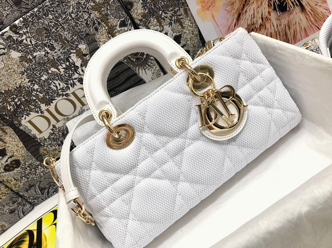 D10r Lady D-Joy Medium Bag Fake in White Macrocannage Technical Fabric