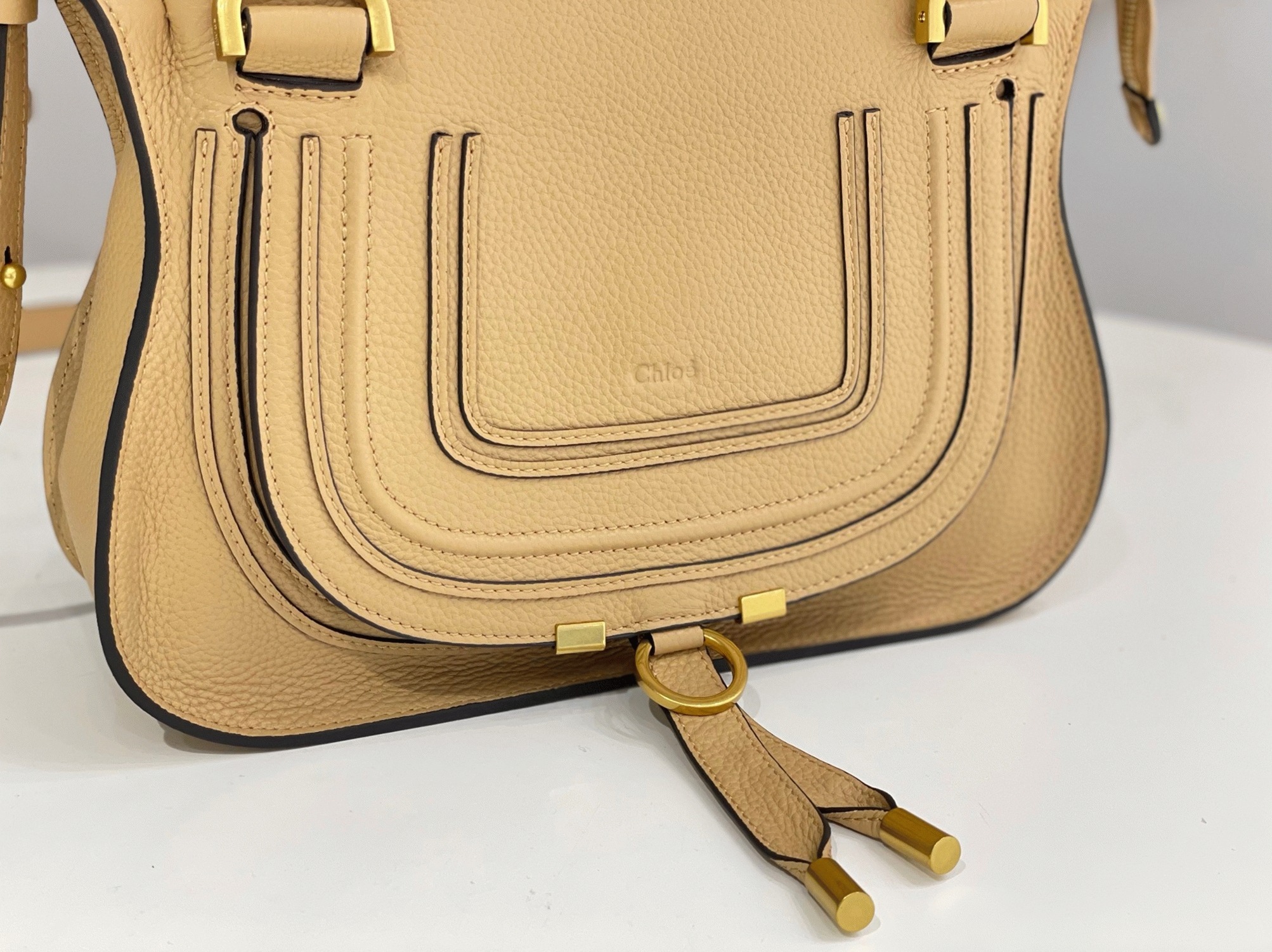 Top Quality Fake Chloe Marcie Small Double Carry Bag in Beige Grained Leather