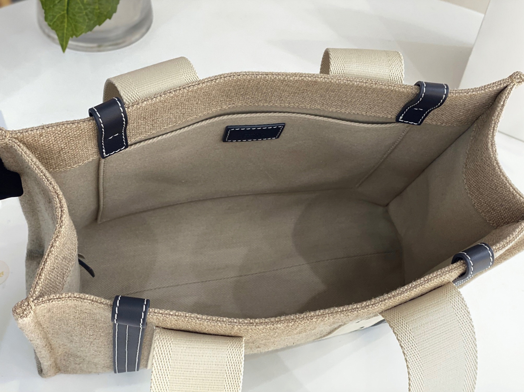 Top Quality Faux Chloe Woody Medium Tote Bag in Linen Canvas with Navy Blue Leather