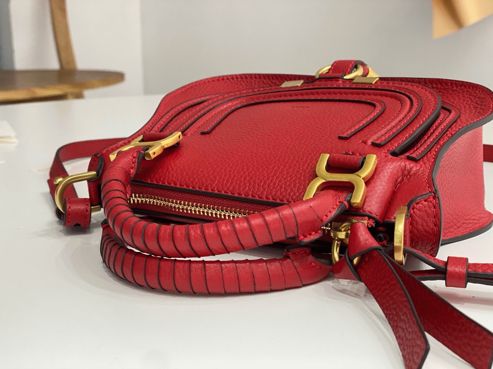 Red Grained Leather Chloe Marcie Mini Double Handle Fake Bag