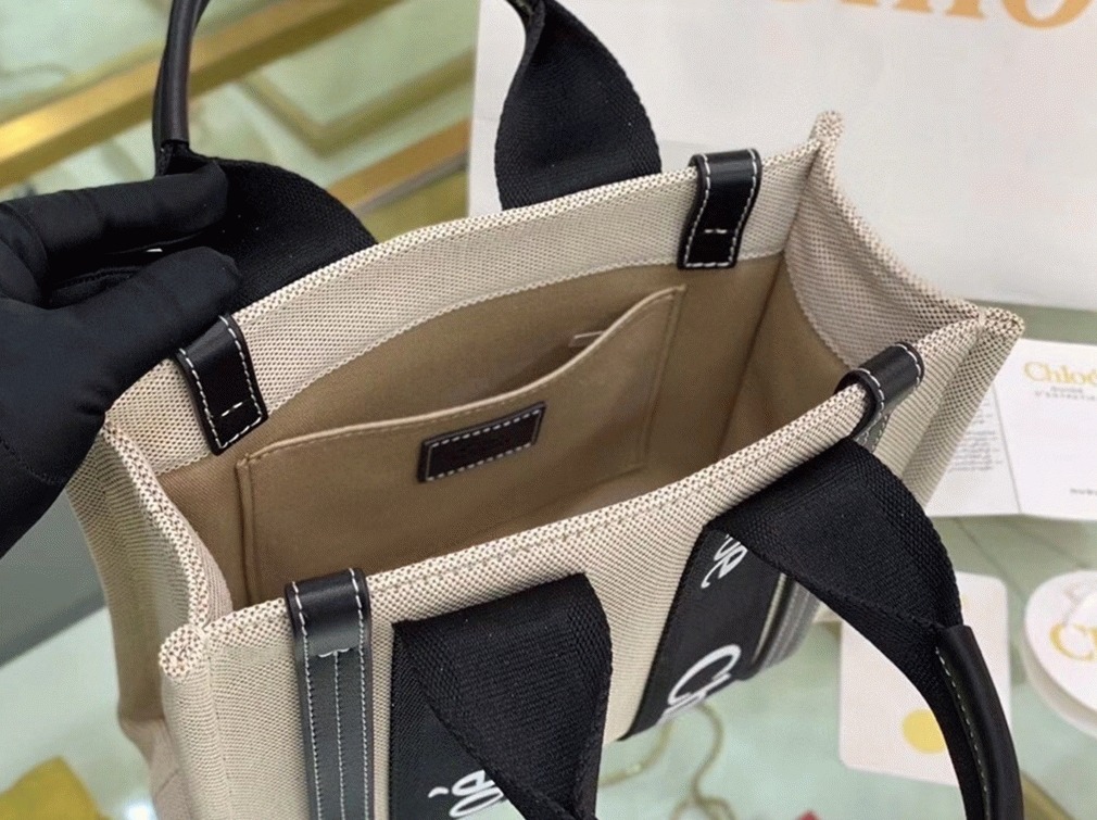 Top Quality Replica Chloe Small Woody Tote Bag in Canvas with Black Leather Strips