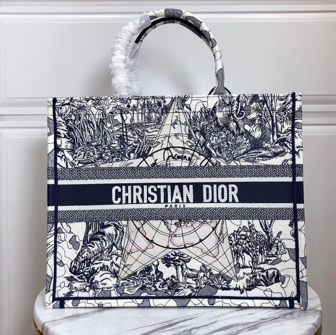 D10r Large Book Tote Bag Knockoff in Around The World Embroidered Canvas