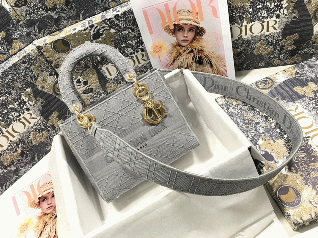 D10r Lady D-Lite Medium Bag Faux in Grey Cannage Embroidered Canvas