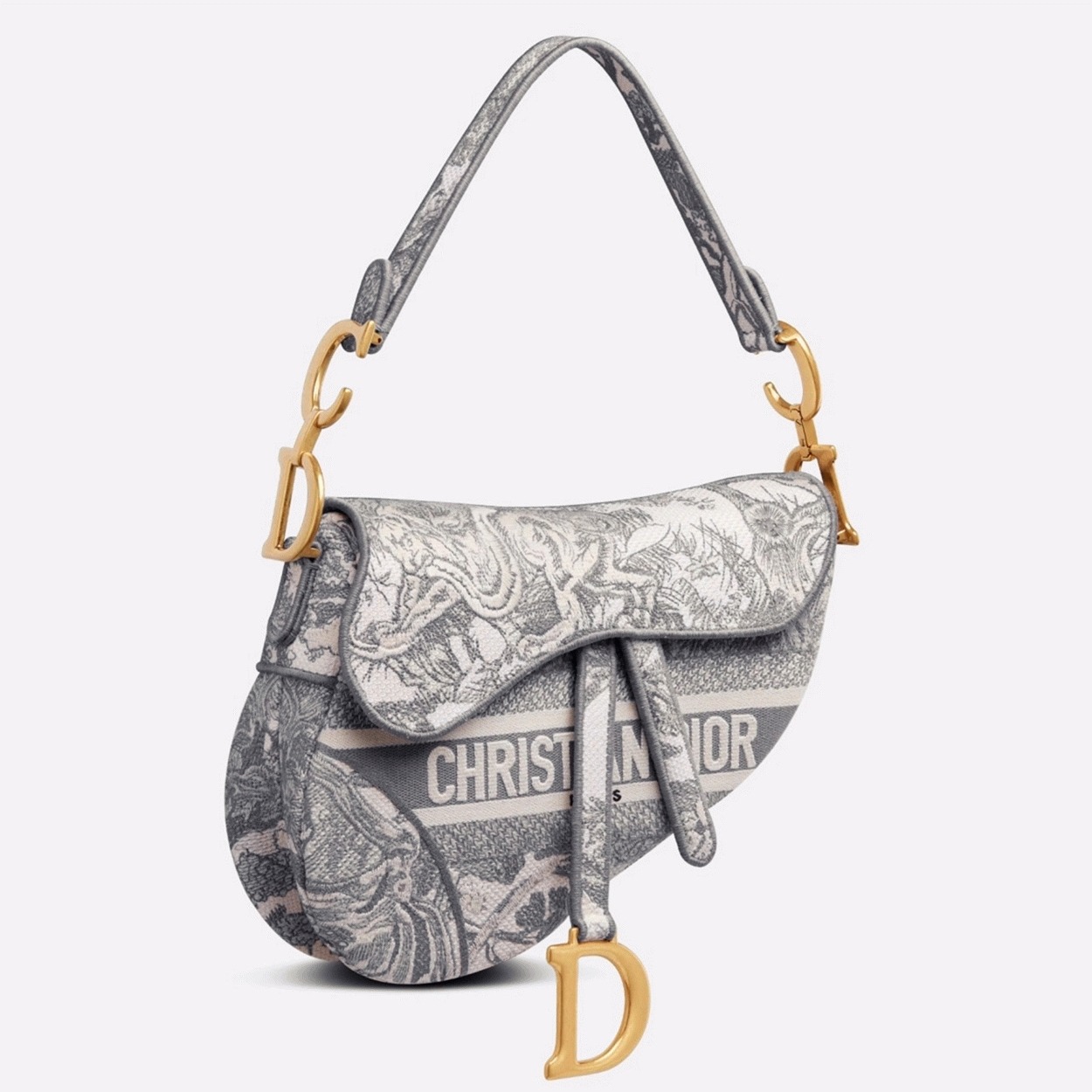 D10r Saddle Bag Fake in Grey Toile de Jouy Embroidery