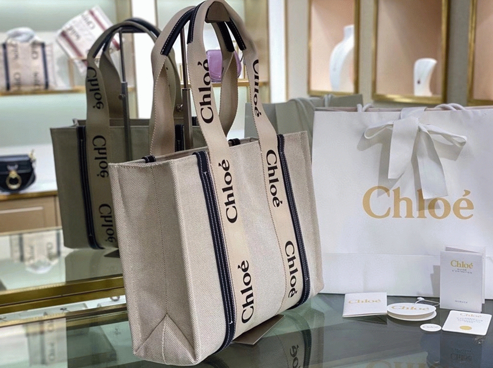 Top Quality Knockoff Chloe Medium Woody Tote Bag in Canvas with Blue Leather Strips