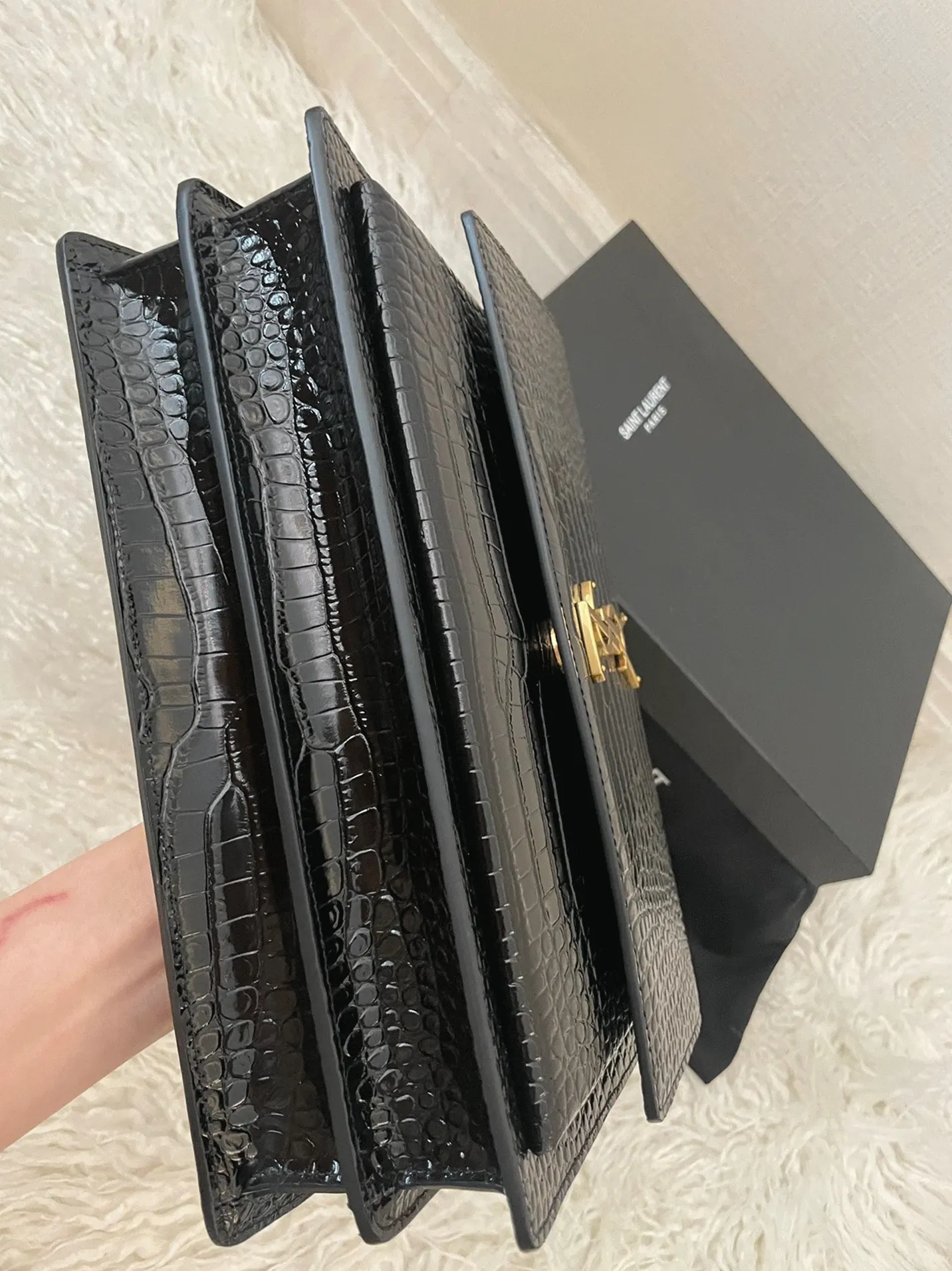 Fake Sa1nt Lau*nt Sunset Medium Chain Bag Black Crocodile-embossed Leather
