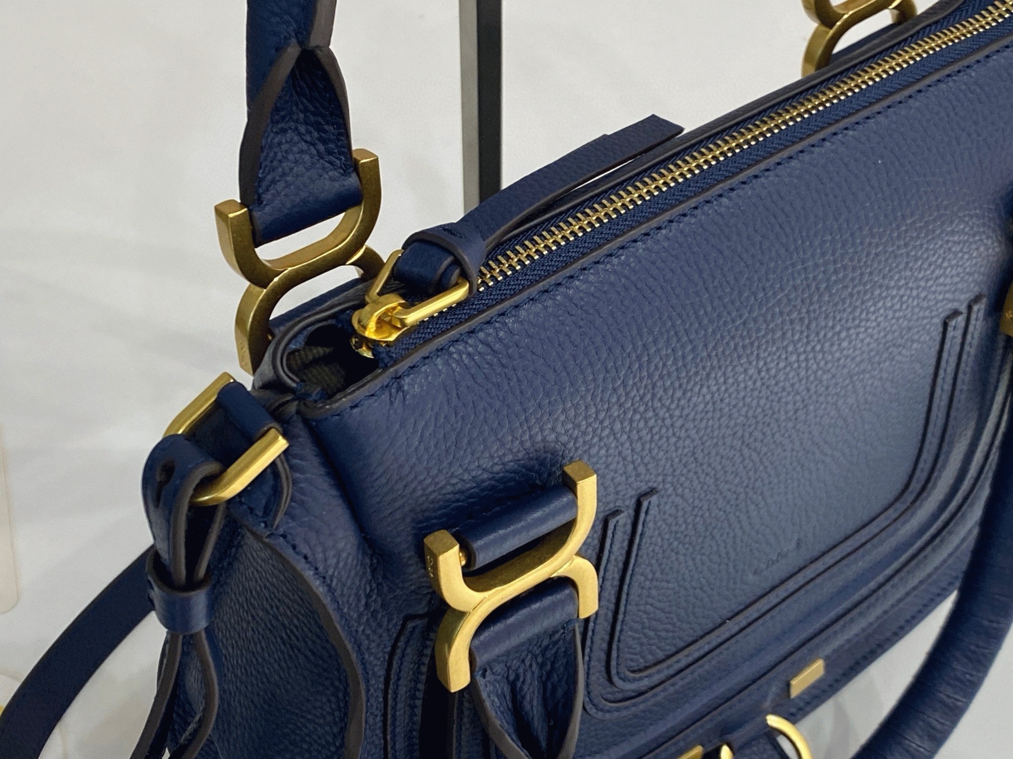 Top Quality Fake Chloe Marcie Small Double Carry Bag in Blue Grained Leather
