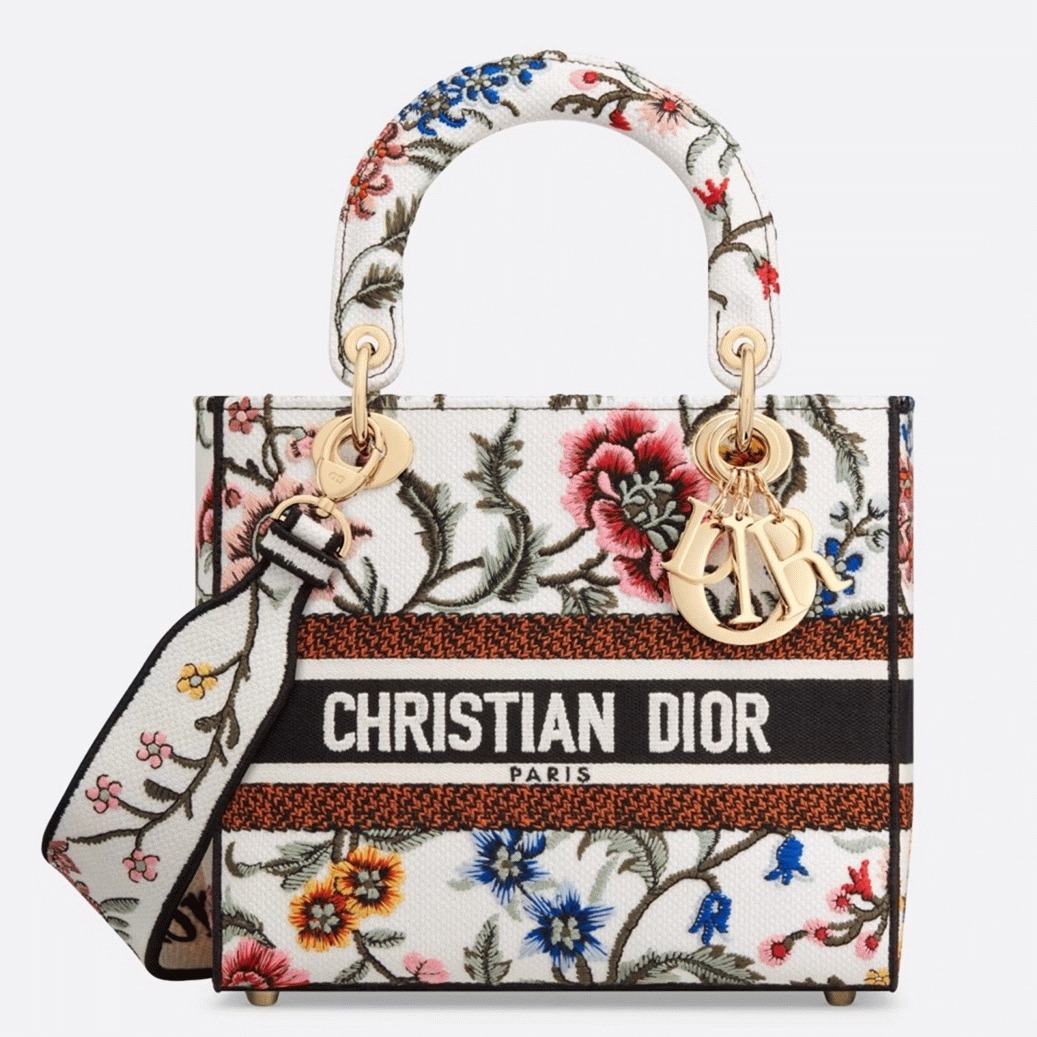 D10r Lady D-Lite Medium Bag Fake in White D10r Petites Fleurs Embroidery