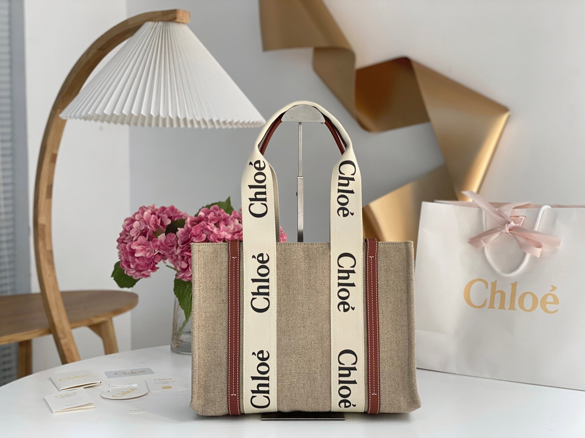 Top Quality Knockoff Chloe Woody Medium Tote Bag in Linen Canvas with Brown Leather