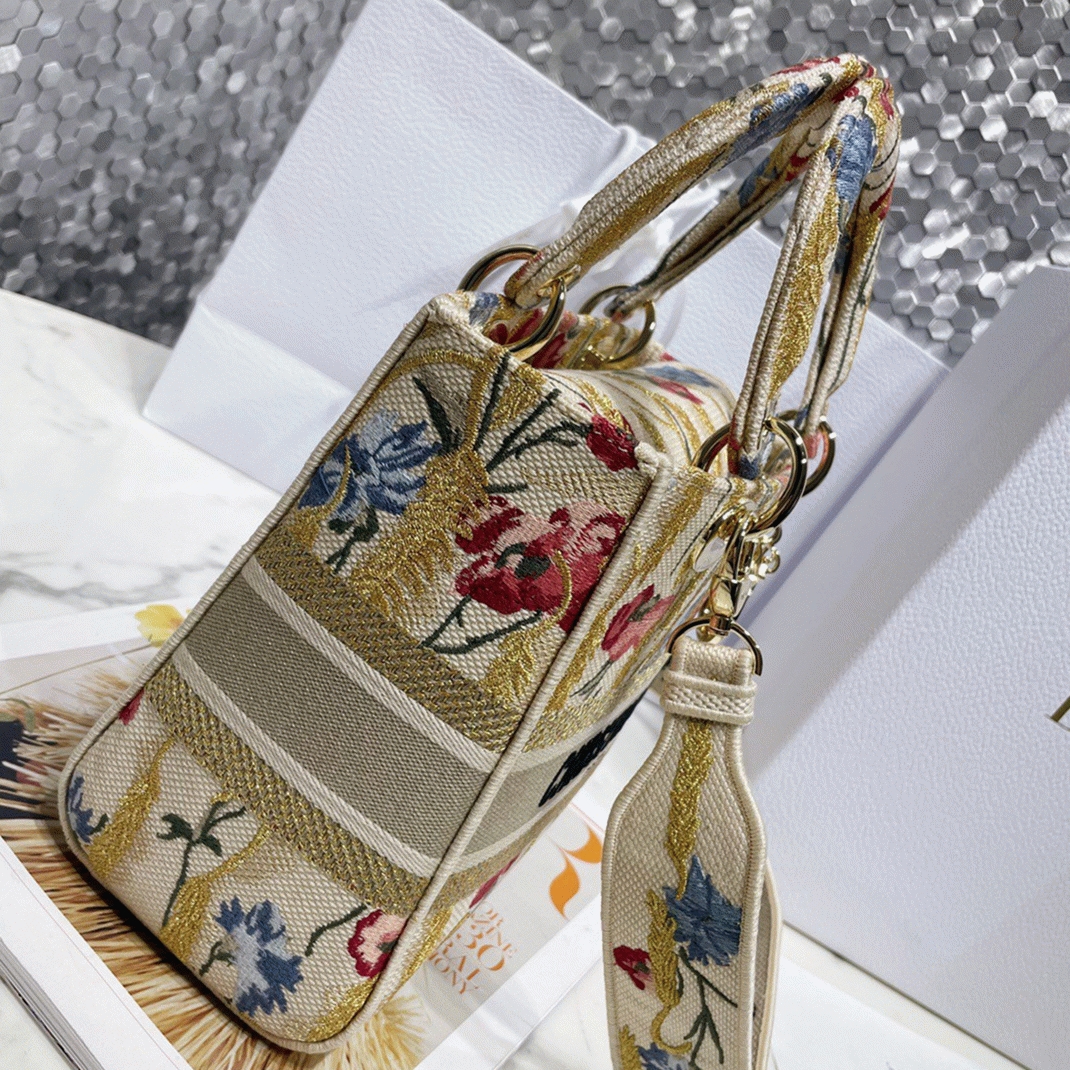 D10r Lady D-Lite Medium Bag Replica in Hibiscus Metallic Thread Embroidery