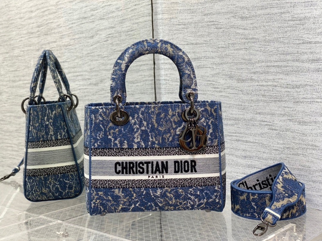 D10r Lady D-Lite Medium Bag Replica in Blue Brocart Denim-Effect Embroidery