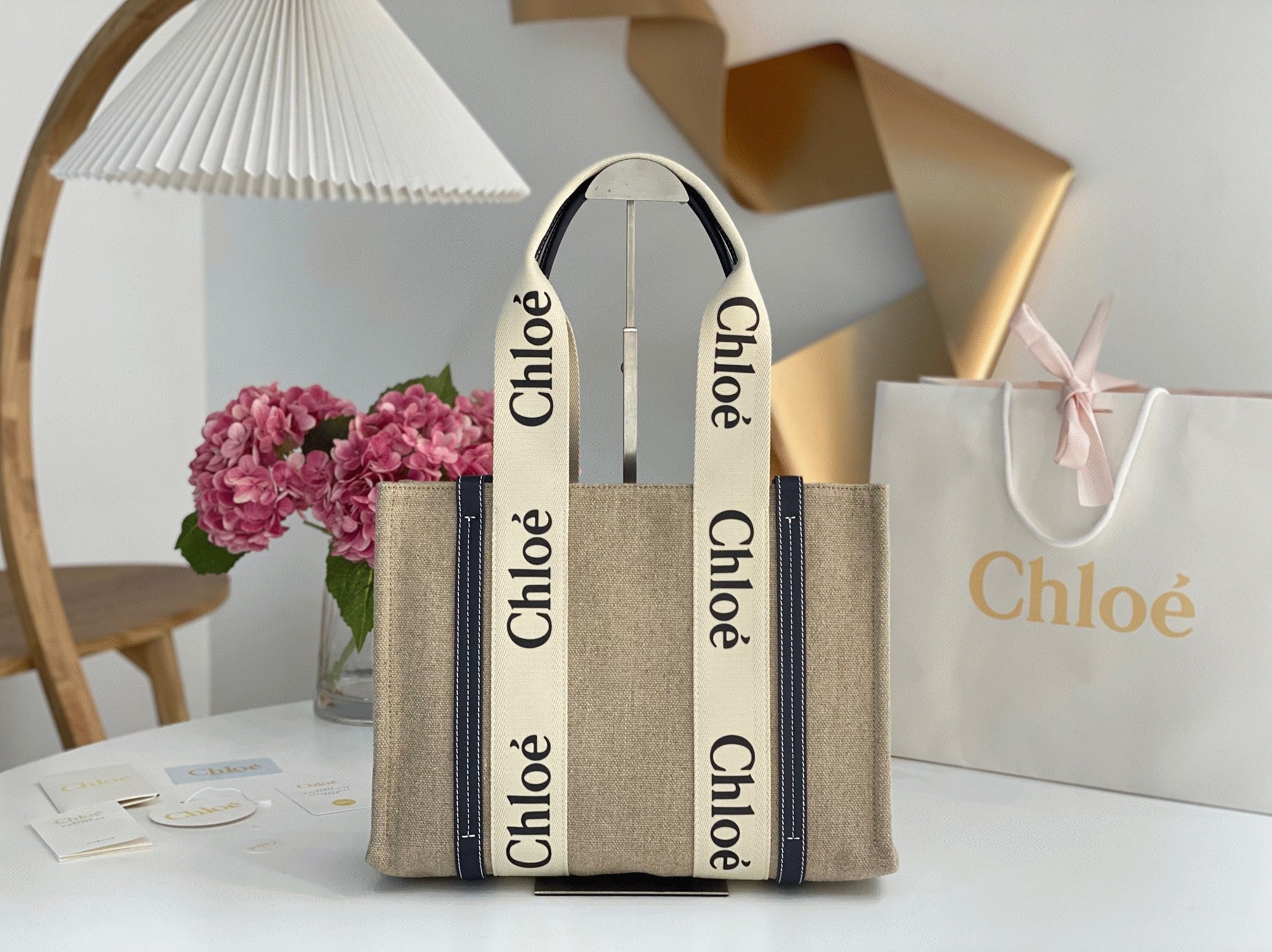 Top Quality Faux Chloe Woody Medium Tote Bag in Linen Canvas with Navy Blue Leather