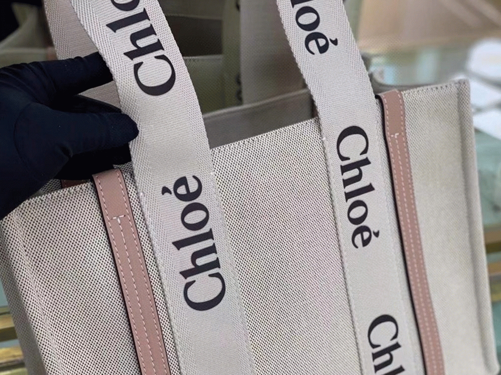Top Quality Replica Chloe Medium Woody Tote Bag in Canvas with Beige Leather Strips