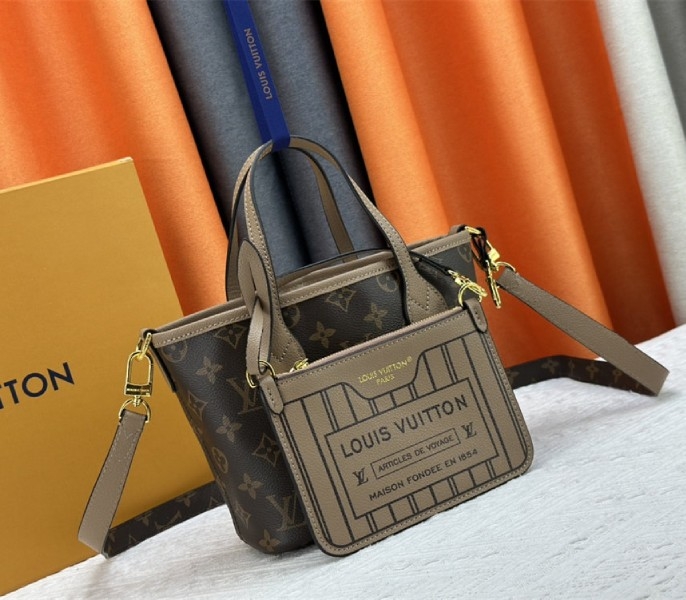 L0vis Vvtt0n Neverfull Bandouliere Inside Out BB Tote In Monogram Canvas And Khaki Green Leather