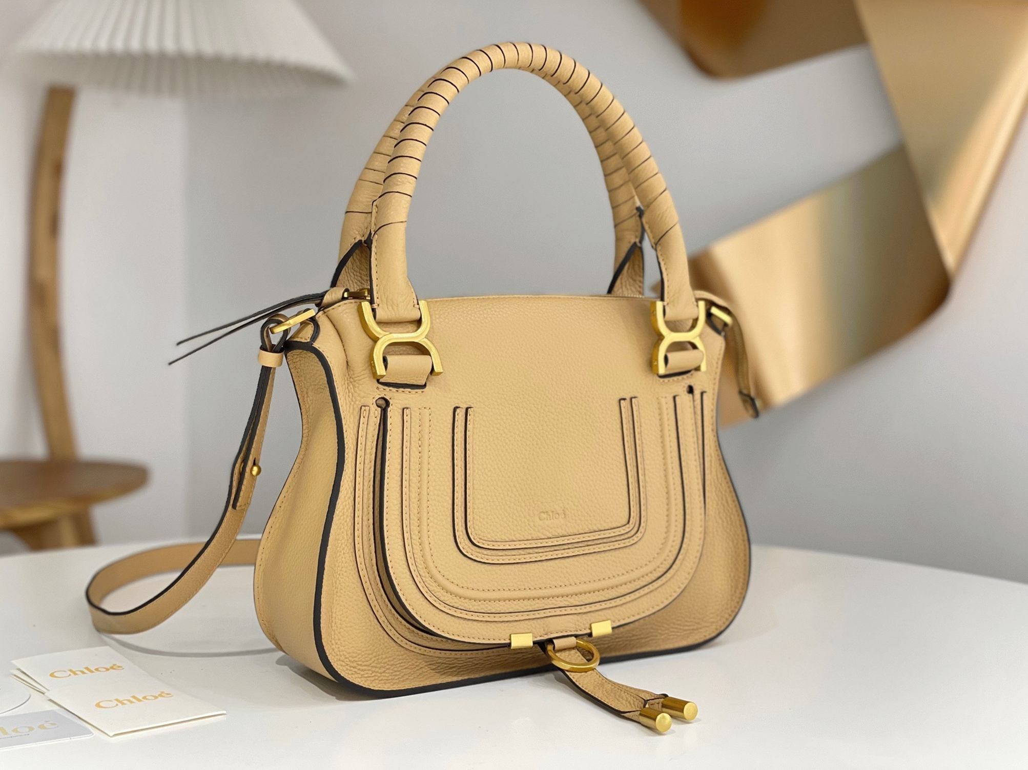 Top Quality Fake Chloe Marcie Small Double Carry Bag in Beige Grained Leather