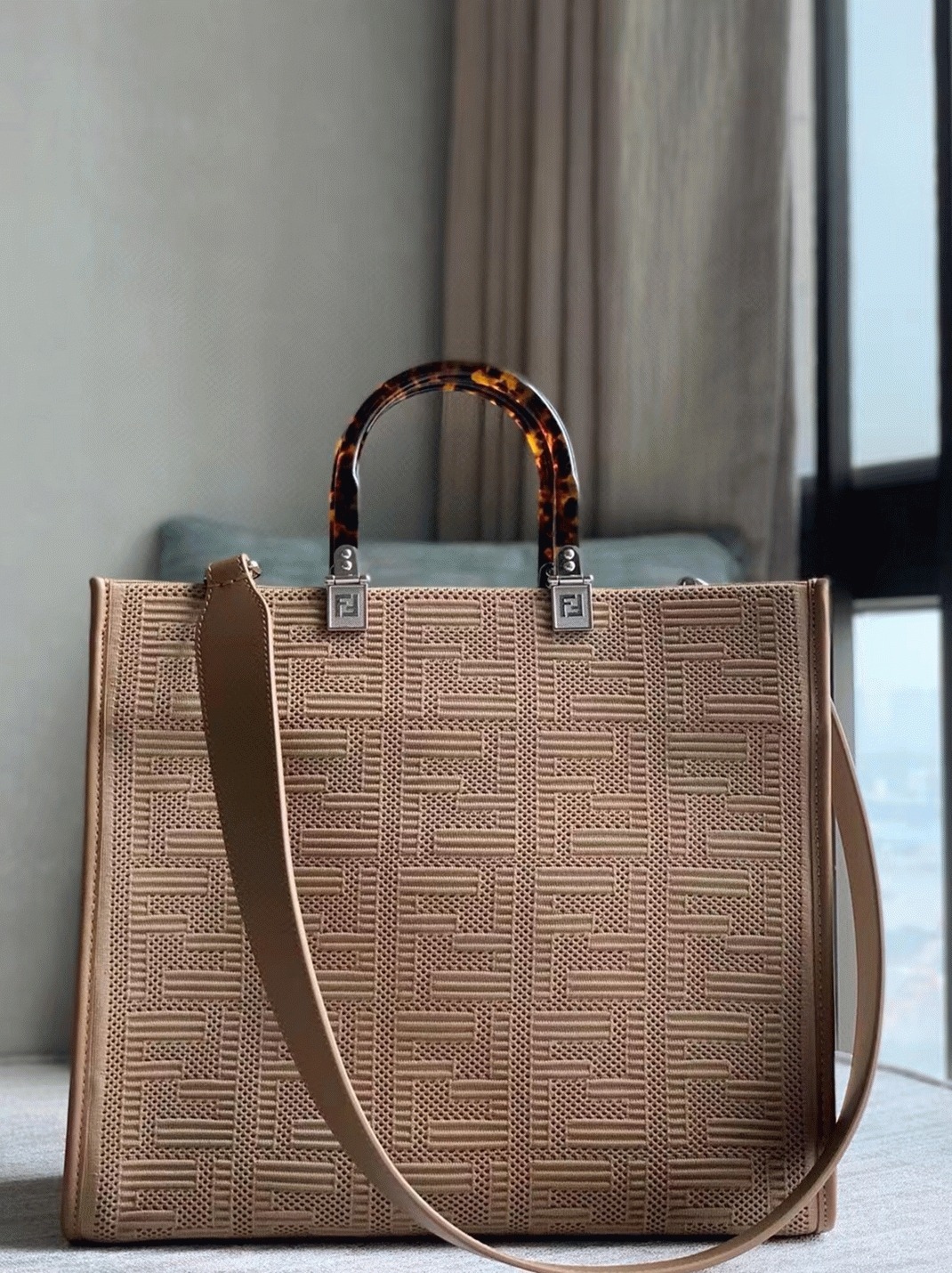Top Quality Knockoff F**di Sunshine Medium Tote Bag In Beige FF Fabric