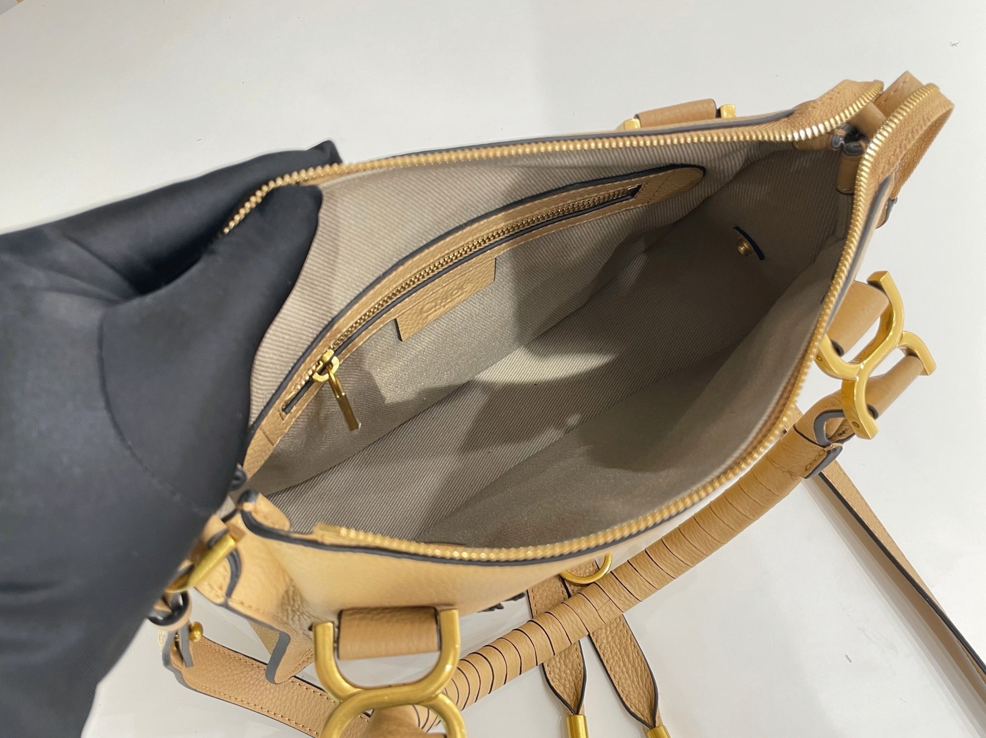 Top Quality Fake Chloe Marcie Small Double Carry Bag in Beige Grained Leather